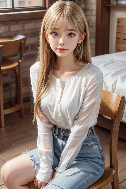 ((sfw: 1.4)), ((detailed face, professional photography)), ((sfw, ( blond hair), Large, clear sky-blue eyes, earrings, 1 Girl)), Ultra High Resolution, (Realistic: 1.4), RAW Photo, Best Quality, (Photorealistic Stick), Focus, Soft Light, (()), (( (young face))), (surface), (depth of field), masterpiece, (realistic), woman, bangs, ((1 girl))