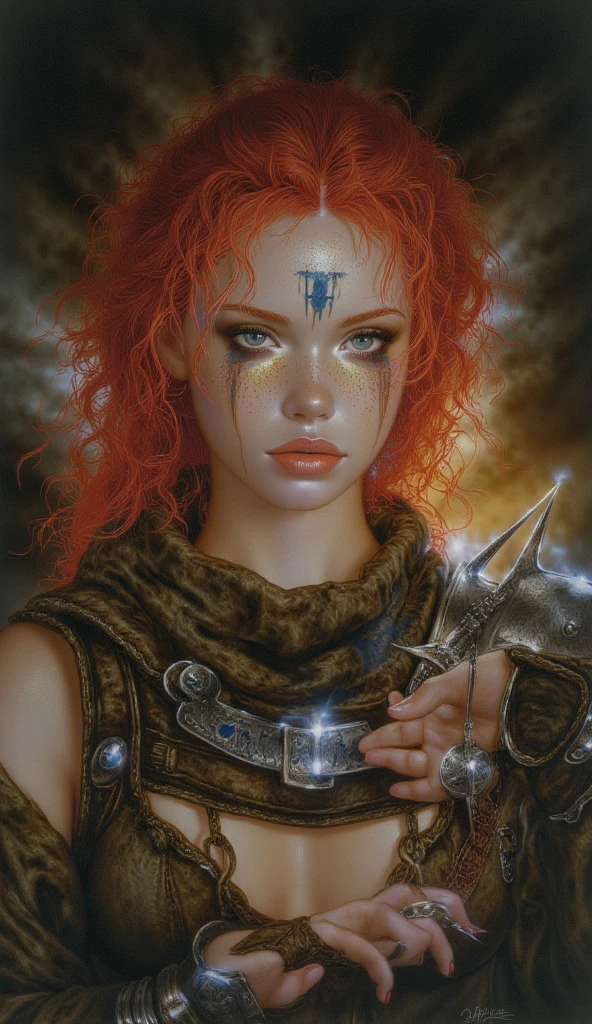 (best quality, 128k, highres, masterpiece:1.2), ultra-detailed, (realistic, photorealistic, photo-realistic:1.37), ((masterpiece)) ((photography)) ((Highest quality))  Create a stunning portrait of a beautiful redhead with curly hair, exuding a strong Viking influence, in the style of Luis Royo. She wears intricate armor with Norse runes, made of leather and metal, accentuating her fierce yet sensual appearance. Her piercing eyes and fierce expression convey confidence, while her fiery hair cascades in wild curls. The background is dark and mysterious, with ethereal, glowing lights and mist swirling around her. The overall atmosphere is one of raw beauty, strength, and dark elegance, capturing Royo's signature blend of fantasy and sensuality.