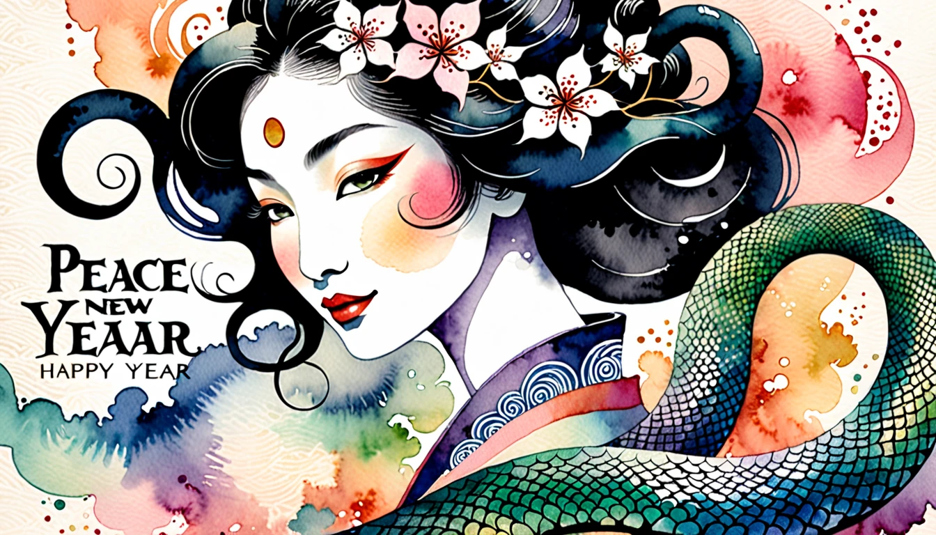 Text is centered in large, easy-to-understand characters, text "peace" and "happy new year", Create an image of a serpent woman painted in traditional ink style softly merging with a background lightly colored with watercolors, The serpent woman should have an enigmatic yet graceful expression with soft piercing eyes, She should emerge from a wispy ink cloud with delicate ink trails fading into the background, The large bold calligraphy text "peace" and "happy new year" should be centered prominently. Incorporate pastel watercolor touches in the background to create a mystical yet harmonious blend of monochrome ink and colorful watercolors, The serpent woman should appear to be smiling subtly blending into the watercolor backdrop creating an ethereal and serene visual, Surrealism, Ukiyo-e, Abstractionism, depth of field,