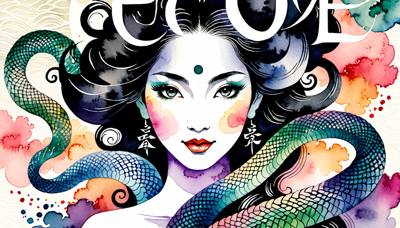 Text is centered in large, easy-to-understand characters, text "peace" and "happy new year", Create an image of a serpent woman painted in traditional ink style softly merging with a background lightly colored with watercolors, The serpent woman should have an enigmatic yet graceful expression with soft piercing eyes, She should emerge from a wispy ink cloud with delicate ink trails fading into the background, The large bold calligraphy text "peace" and "happy new year" should be centered prominently. Incorporate pastel watercolor touches in the background to create a mystical yet harmonious blend of monochrome ink and colorful watercolors, The serpent woman should appear to be smiling subtly blending into the watercolor backdrop creating an ethereal and serene visual, Surrealism, Ukiyo-e, Abstractionism, depth of field,