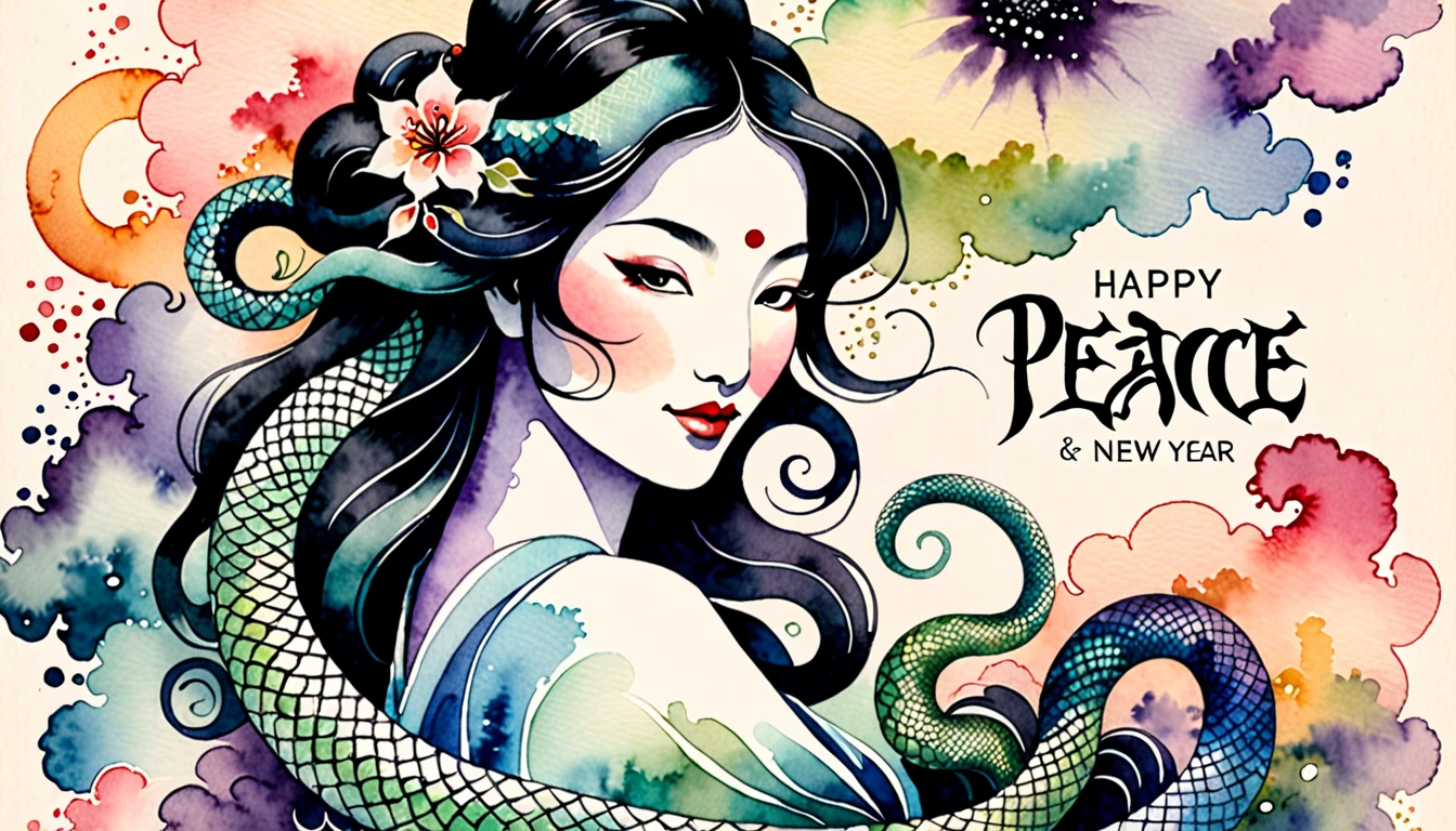 Text is centered in large, easy-to-understand characters, text "peace" and "happy new year", Create an image of a serpent woman painted in traditional ink style softly merging with a background lightly colored with watercolors, The serpent woman should have an enigmatic yet graceful expression with soft piercing eyes, She should emerge from a wispy ink cloud with delicate ink trails fading into the background, The large bold calligraphy text "peace" and "happy new year" should be centered prominently. Incorporate pastel watercolor touches in the background to create a mystical yet harmonious blend of monochrome ink and colorful watercolors, The serpent woman should appear to be smiling subtly blending into the watercolor backdrop creating an ethereal and serene visual, Surrealism, Ukiyo-e, Abstractionism, depth of field,