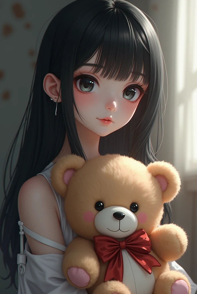 there is a girl holding a pink teddy bear in her arms, kawaii realistic portrait, photorealistic anime girl render, smooth anime cg art, render of a cute 3d anime girl, 3 d anime realistic, realistic anime 3 d style, soft portrait shot 8 k, photorealistic anime, soft anime illustration, artwork in the style of guweiz