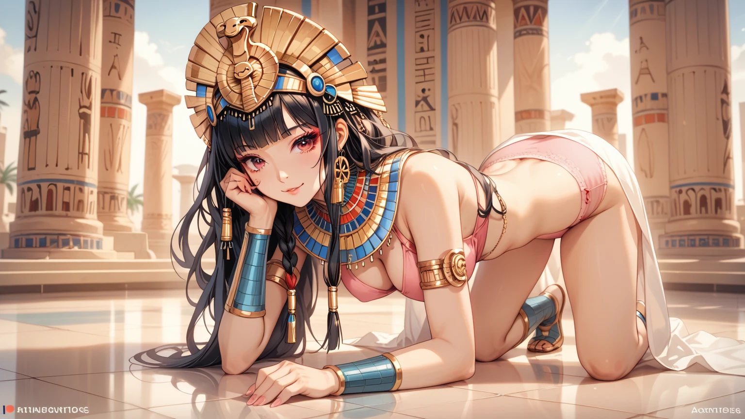 rating_safe, score_9, score_8_up, score_7_up, source_anime, masterpiece, best quality, solo, 1girl, wondering face, firm breasts(she is wearing dark red green black gold design, egyptian Bastet Goddess, Ancient Goddess, pastel pink panties) ( she is all fours on the floor, look straight, front side shot ) ,best quality, high definition, anatomically correct, Very detailed, Ultra High Definition, textured skin, Sharp details,