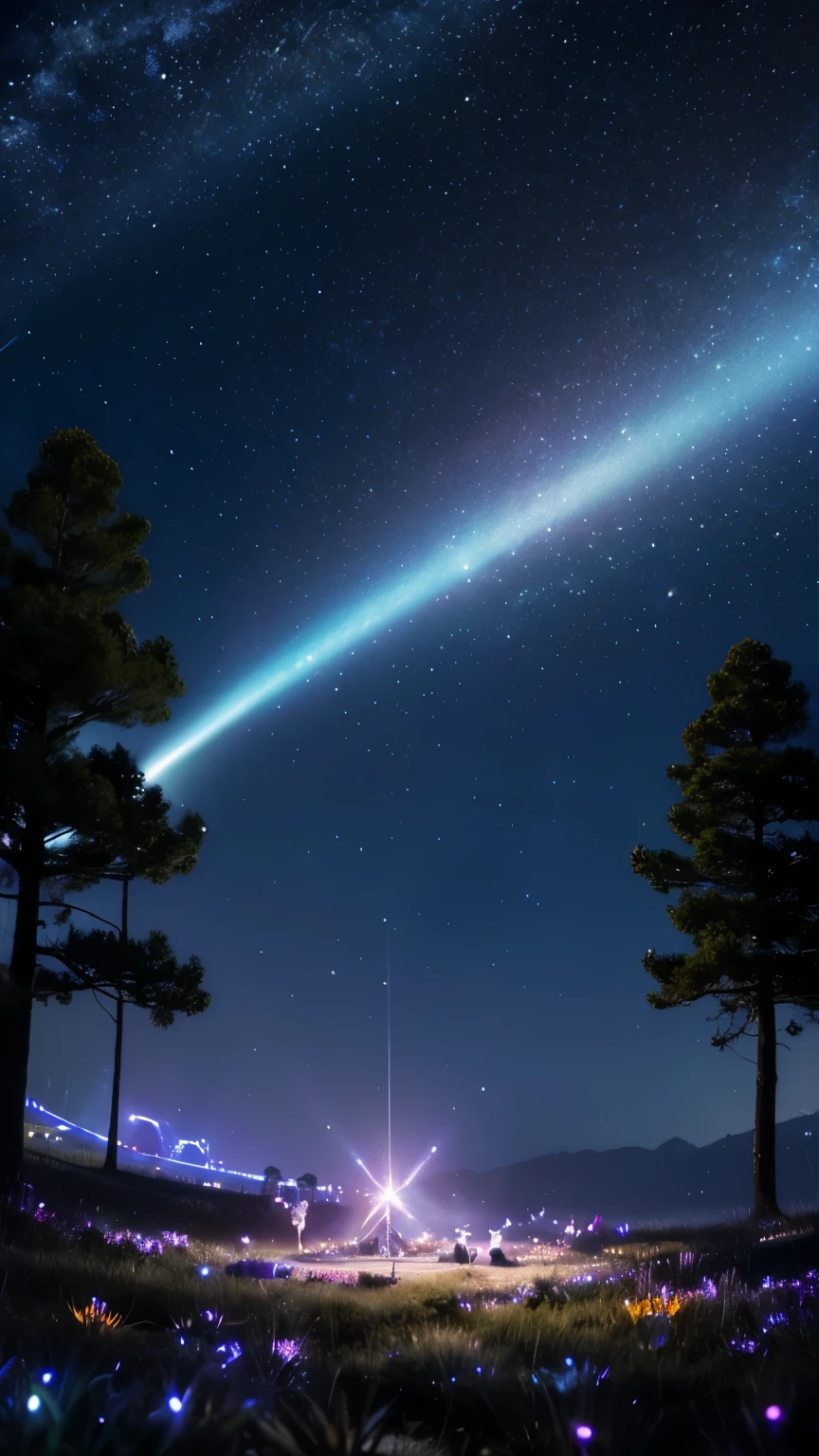 Happy new year 2025 text written in the sky with shiny light crystals over the enchanted dark deep forest full of light worms and other animals happily wandering here and there