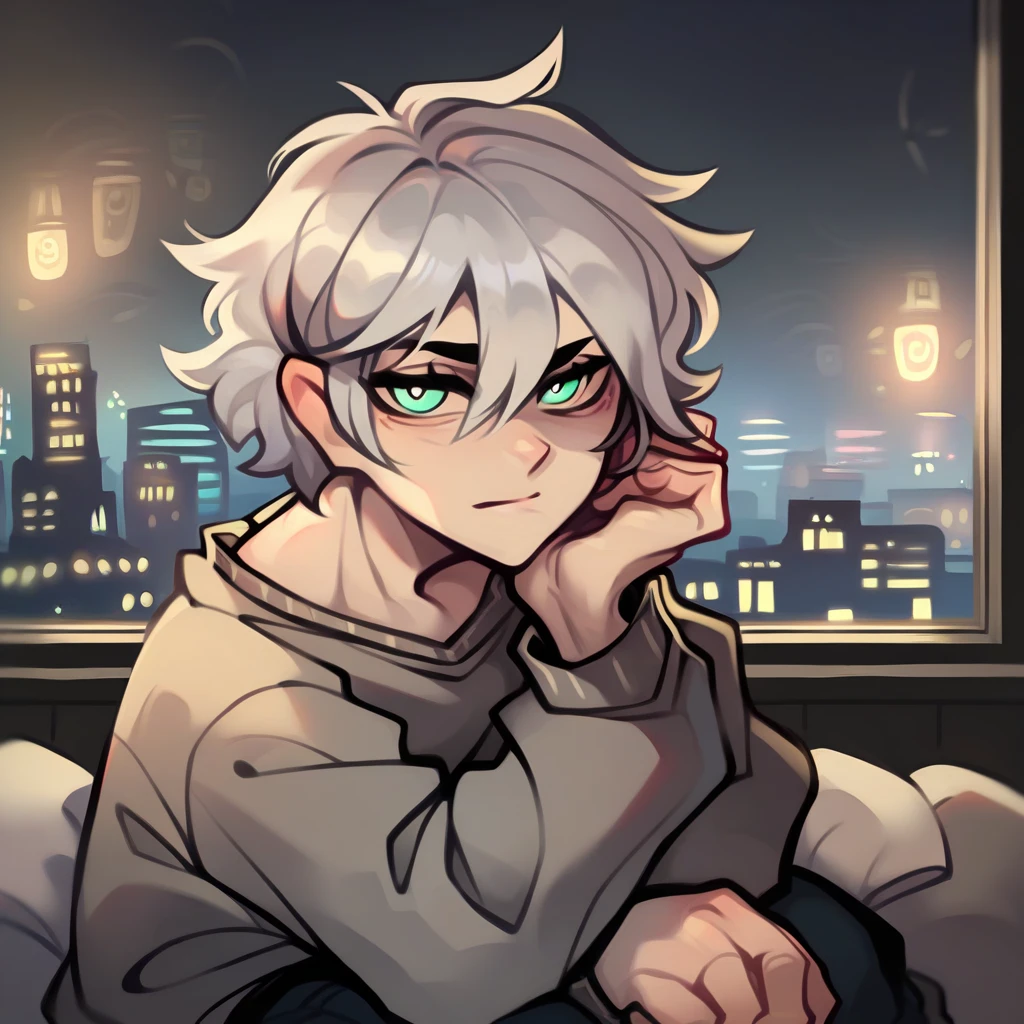 (masterpiece), best quality, cyan eyes, light grey hair, expressive eyes, Holhaya, sitting in highrise apartment room, night sky, city landscape, looking at viewer, city lights, window, highlight, dramatic lights, calm face,