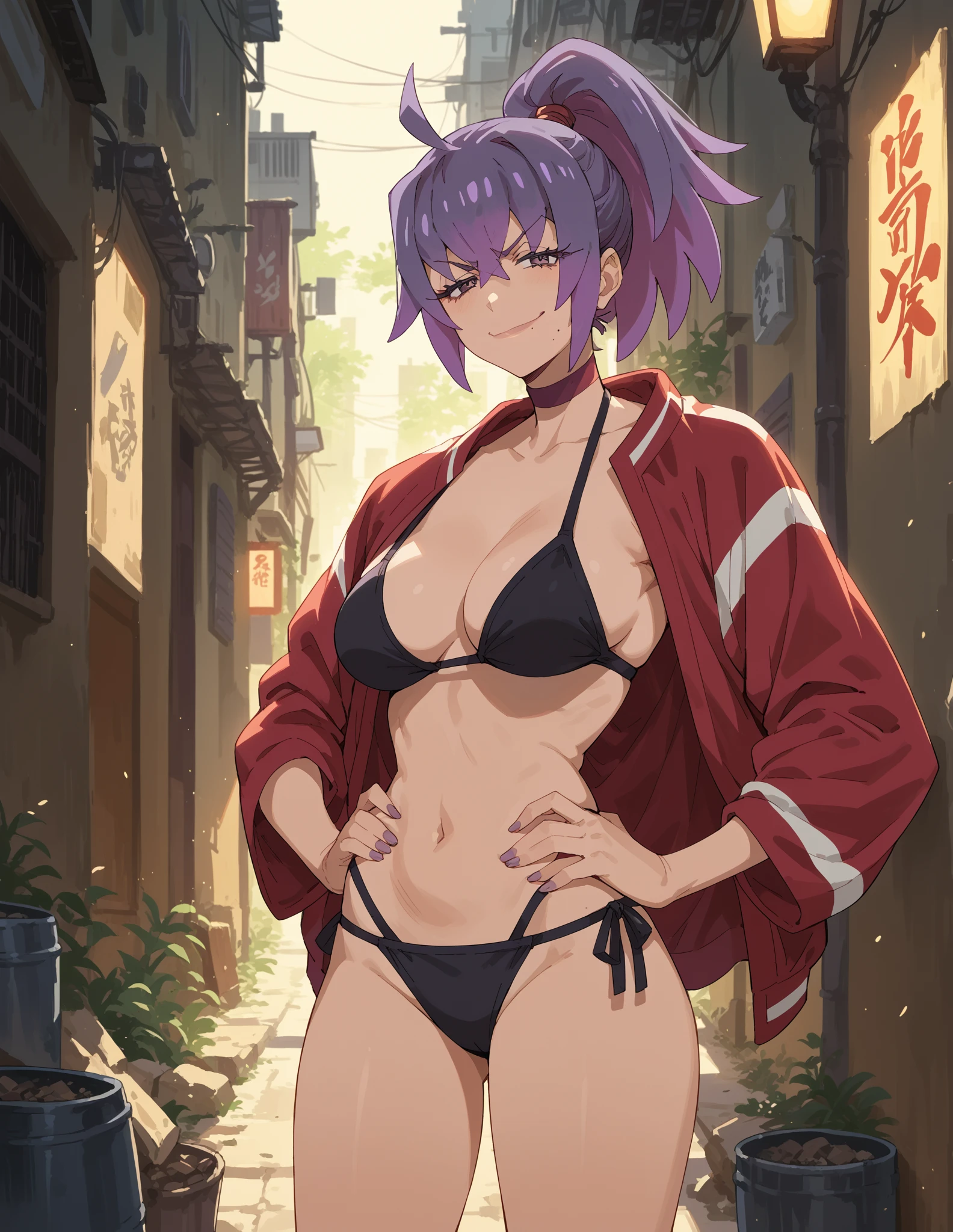 (((1girl, uyltr resolution, ultra-sharp, 8K, artwork, 25yo))), ((purple hair, very short hair, dark green eyes)), ((big breasts, strong arms ,muscular arms, muscular legs,strong legs, strong body, muscular female, Clear Skin)), wearing kimono,smiling, posing to picture, ((city background))