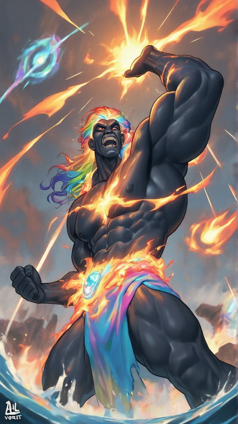 A four element bender, a stocky muscular middle-age man, rainbow dhoti, long wavy rainbow hair, casting incantation that creates stone and soil vortex, water vortex, fire vortex and cloud vortex. All vortexes blended and crash into each other in a powerful clashes. The dynamic movement is captured by the camera from below.