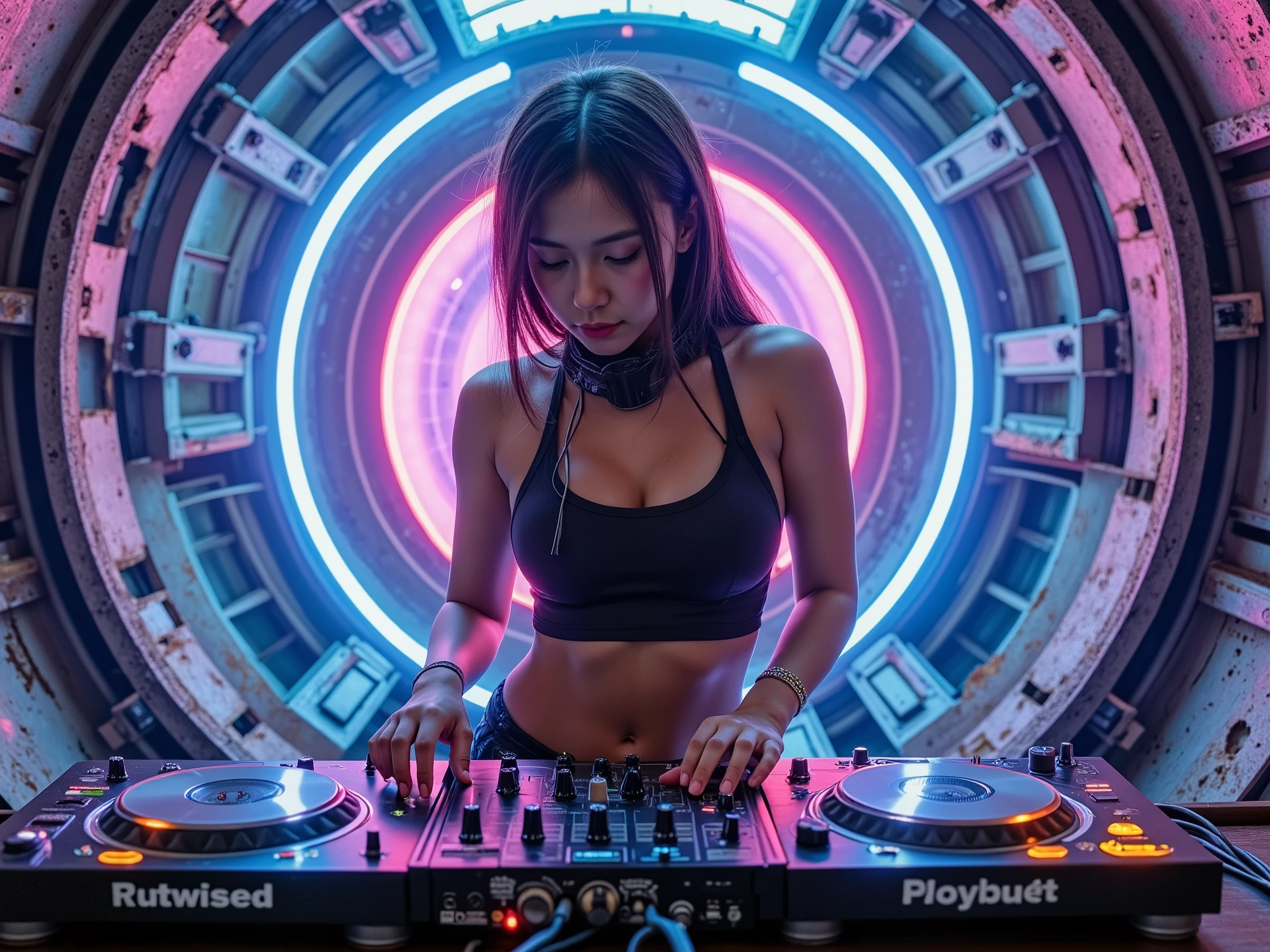 A futuristic female DJ performing on a high-tech DJ controller, dressed in sleek cyberpunk-style attire with neon accents, surrounded by a glowing, immersive cyberpunk 2077 atmosphere. The background features the decayed remnants of a massive, derelict spaceship, with rusted metal, broken panels, and eerie glowing lights. The scene is illuminated by vibrant neon lights in shades of blue, pink, and purple, creating a moody yet electrifying ambiance. Highly detailed, cinematic lighting, ultra-realistic textures, and a dystopian vibe.