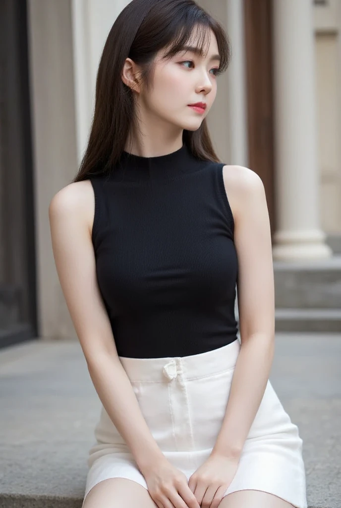 1 Girl,seaside,Soft Light,Chinese Beauty,sleeveless tops,Short skirt,