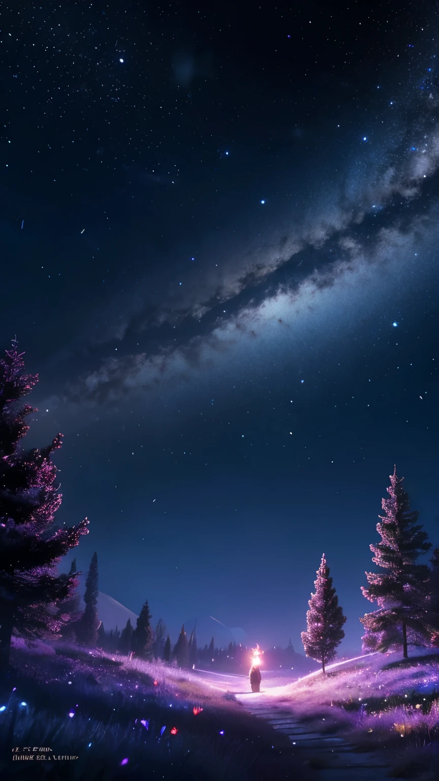 Happy new year 2025 text written on the sky with shiny light crystals over the enchanted dark deep forest full of light worms and other animals happily wandering here and there