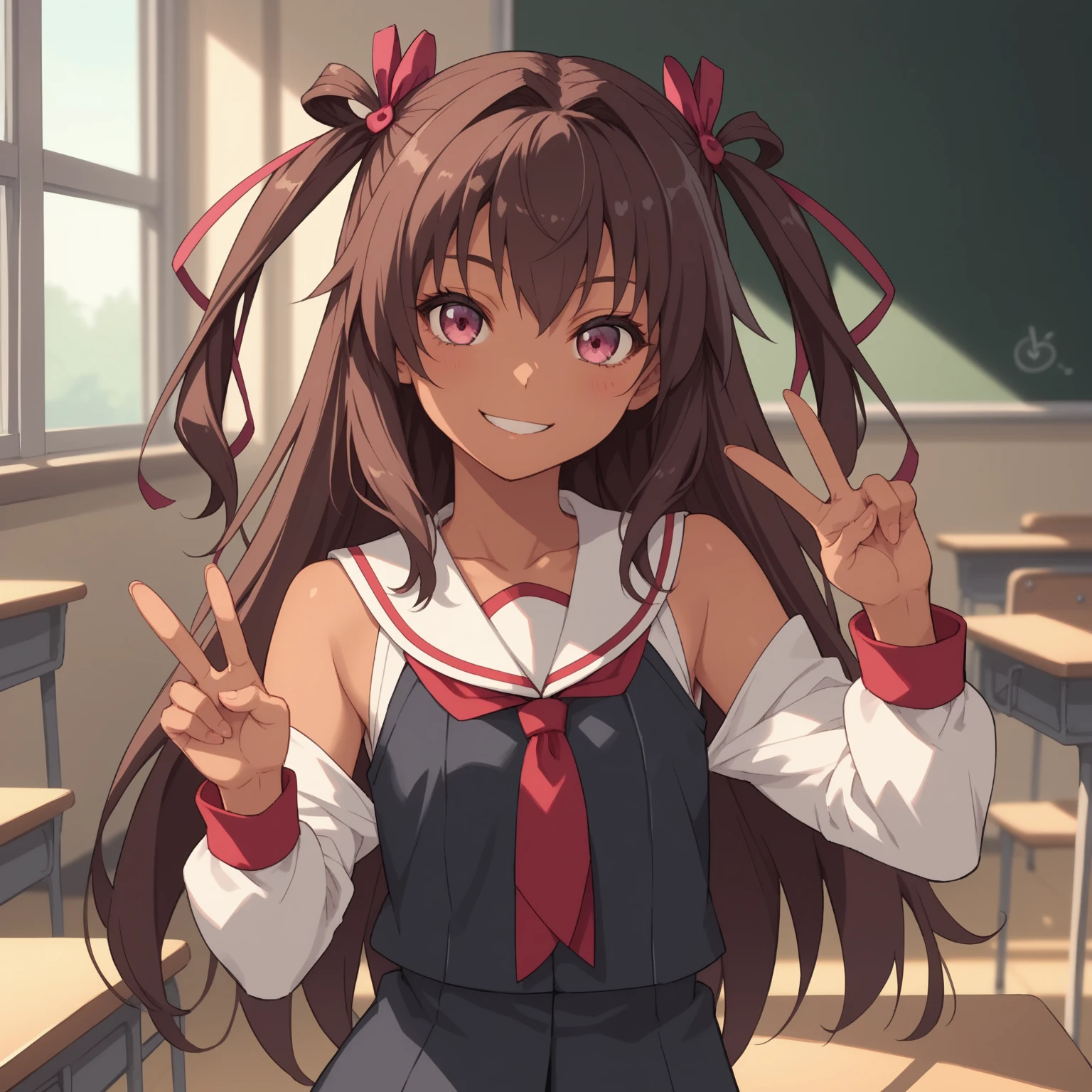  viewers,smile,  open mouse,
anime screencap,
Alone,Mizuki_ yukikaze,
Mizuki Yukikaze , One girl ,Brown Hair, long hair,two side up, hair ring,dark pink eyes , tan,
 hair bow,
Thai suit  ,Bare shoulders,
 school classroom, red cheeks , shyly , peace sign,