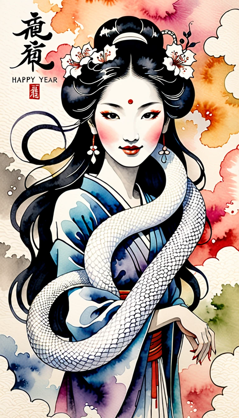 Text is centered in large, easy-to-understand characters, text "peace" and "happy new year", Create an image of a white snake woman painted in traditional ink style softly merging with a background lightly colored with watercolors, The white snake woman should have an enigmatic yet graceful expression with soft piercing eyes, She should emerge from a wispy ink cloud with delicate ink trails fading into the background, The large bold calligraphy text "peace" and "happy new year" should be centered prominently, Incorporate pastel watercolor touches in the background to create a mystical yet harmonious blend of monochrome ink and colorful watercolors, The white snake woman should appear to be smiling subtly blending into the watercolor backdrop creating an ethereal and serene visual, Surrealism, Ukiyo-e, Abstractionism, depth of field