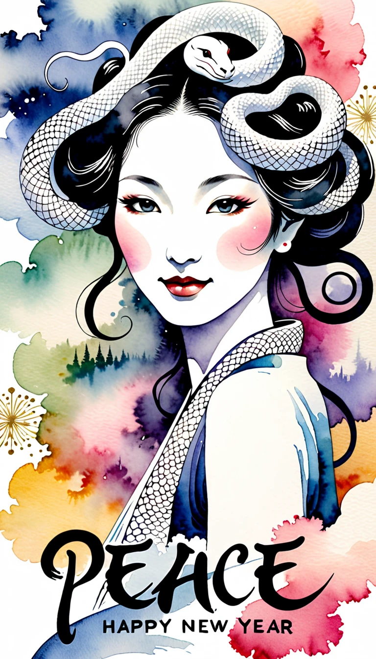 Text is centered in large, easy-to-understand characters, text "peace" and "happy new year", Create an image of a white snake woman painted in traditional ink style softly merging with a background lightly colored with watercolors, The white snake woman should have an enigmatic yet graceful expression with soft piercing eyes, She should emerge from a wispy ink cloud with delicate ink trails fading into the background, The large bold calligraphy text "peace" and "happy new year" should be centered prominently, Incorporate pastel watercolor touches in the background to create a mystical yet harmonious blend of monochrome ink and colorful watercolors, The white snake woman should appear to be smiling subtly blending into the watercolor backdrop creating an ethereal and serene visual, Surrealism, Ukiyo-e, Abstractionism, depth of field