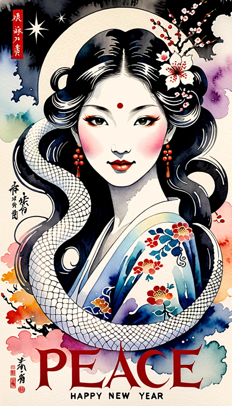 Text is centered in large, easy-to-understand characters, text "peace" and "happy new year", Create an image of a white snake woman painted in traditional ink style softly merging with a background lightly colored with watercolors, The white snake woman should have an enigmatic yet graceful expression with soft piercing eyes, She should emerge from a wispy ink cloud with delicate ink trails fading into the background, The large bold calligraphy text "peace" and "happy new year" should be centered prominently, Incorporate pastel watercolor touches in the background to create a mystical yet harmonious blend of monochrome ink and colorful watercolors, The white snake woman should appear to be smiling subtly blending into the watercolor backdrop creating an ethereal and serene visual, Surrealism, Ukiyo-e, Abstractionism, depth of field