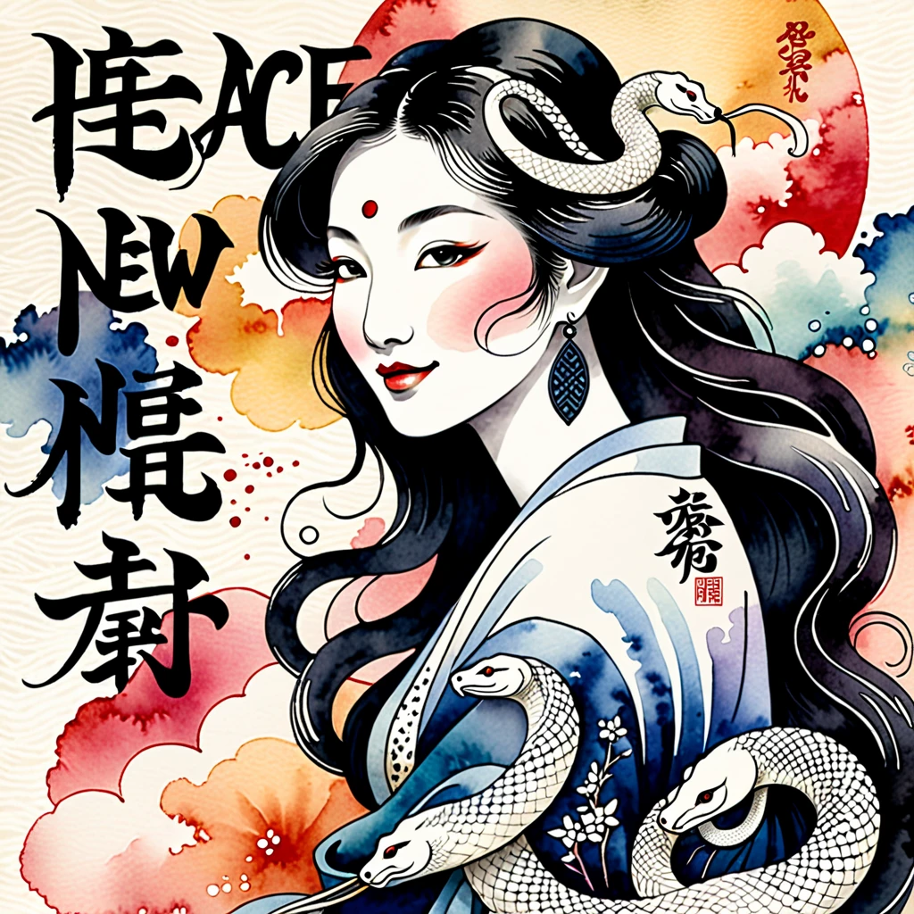 Text is centered in large, easy-to-understand characters, text "peace" and "happy new year", Create an image of a white snake woman painted in traditional ink style softly merging with a background lightly colored with watercolors, The white snake woman should have an enigmatic yet graceful expression with soft piercing eyes, She should emerge from a wispy ink cloud with delicate ink trails fading into the background, The large bold calligraphy text "peace" and "happy new year" should be centered prominently, Incorporate pastel watercolor touches in the background to create a mystical yet harmonious blend of monochrome ink and colorful watercolors, The white snake woman should appear to be smiling subtly blending into the watercolor backdrop creating an ethereal and serene visual, Surrealism, Ukiyo-e, Abstractionism, depth of field