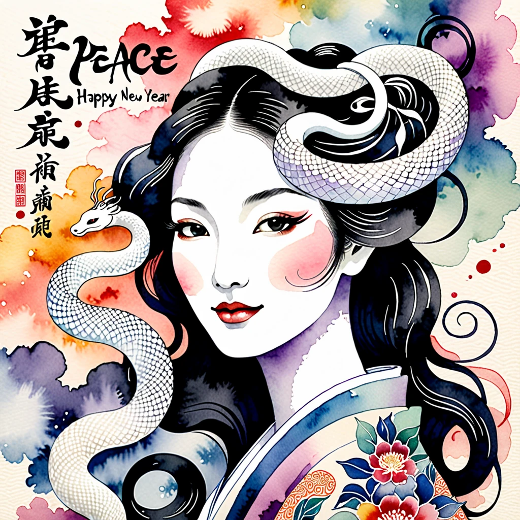 Text is centered in large, easy-to-understand characters, text "peace" and "happy new year", Create an image of a white snake woman painted in traditional ink style softly merging with a background lightly colored with watercolors, The white snake woman should have an enigmatic yet graceful expression with soft piercing eyes, She should emerge from a wispy ink cloud with delicate ink trails fading into the background, The large bold calligraphy text "peace" and "happy new year" should be centered prominently, Incorporate pastel watercolor touches in the background to create a mystical yet harmonious blend of monochrome ink and colorful watercolors, The white snake woman should appear to be smiling subtly blending into the watercolor backdrop creating an ethereal and serene visual, Surrealism, Ukiyo-e, Abstractionism, depth of field