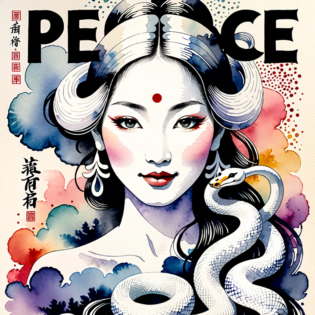 Text is centered in large, easy-to-understand characters, text "peace" and "happy new year", Create an image of a white snake woman painted in traditional ink style softly merging with a background lightly colored with watercolors, The white snake woman should have an enigmatic yet graceful expression with soft piercing eyes, She should emerge from a wispy ink cloud with delicate ink trails fading into the background, The large bold calligraphy text "peace" and "happy new year" should be centered prominently, Incorporate pastel watercolor touches in the background to create a mystical yet harmonious blend of monochrome ink and colorful watercolors, The white snake woman should appear to be smiling subtly blending into the watercolor backdrop creating an ethereal and serene visual, Surrealism, Ukiyo-e, Abstractionism, depth of field