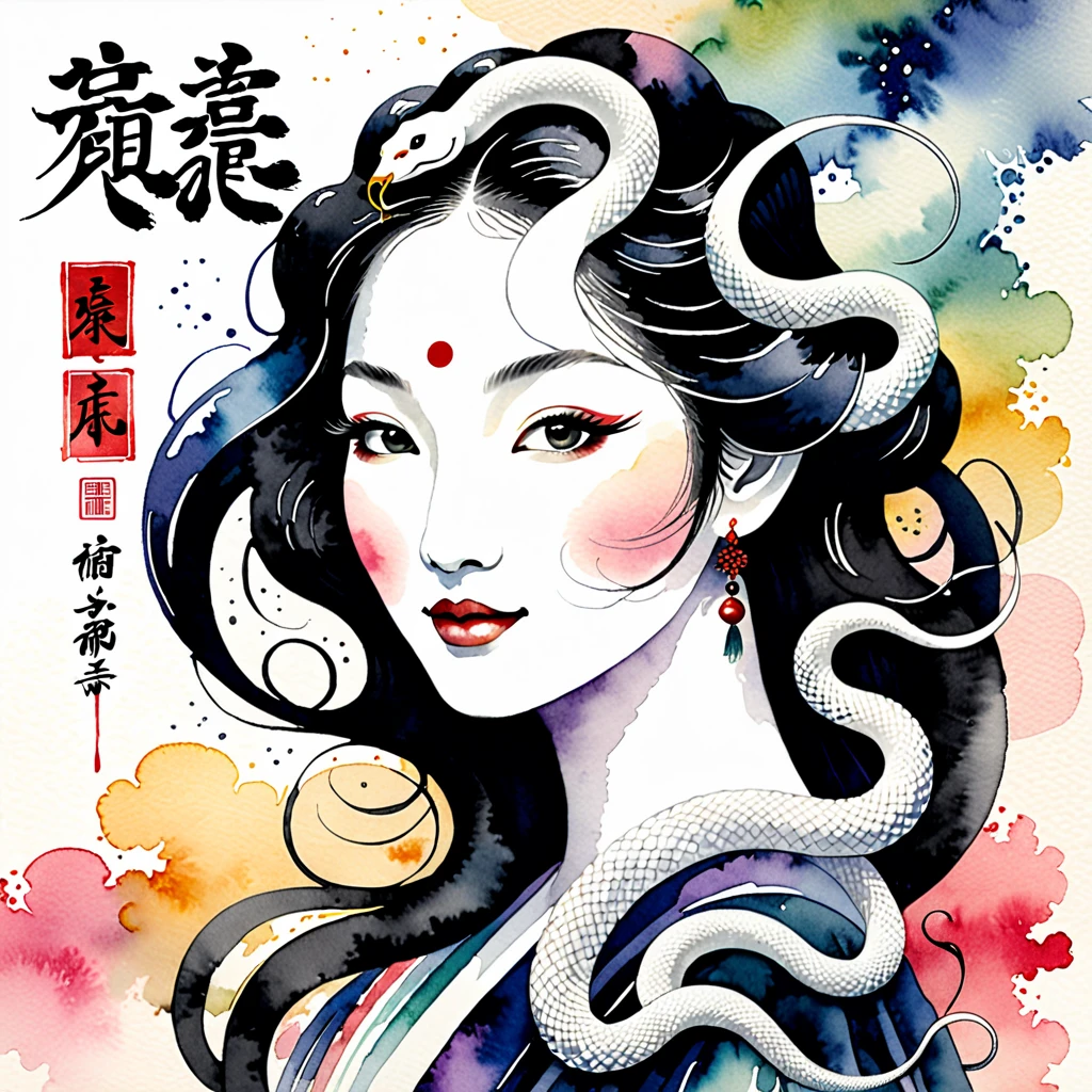 Text is centered in large, easy-to-understand characters, text "peace" and "happy new year", Create an image of a white snake woman painted in traditional ink style softly merging with a background lightly colored with watercolors, The white snake woman should have an enigmatic yet graceful expression with soft piercing eyes, She should emerge from a wispy ink cloud with delicate ink trails fading into the background, The large bold calligraphy text "peace" and "happy new year" should be centered prominently, Incorporate pastel watercolor touches in the background to create a mystical yet harmonious blend of monochrome ink and colorful watercolors, The white snake woman should appear to be smiling subtly blending into the watercolor backdrop creating an ethereal and serene visual, Surrealism, Ukiyo-e, Abstractionism, depth of field