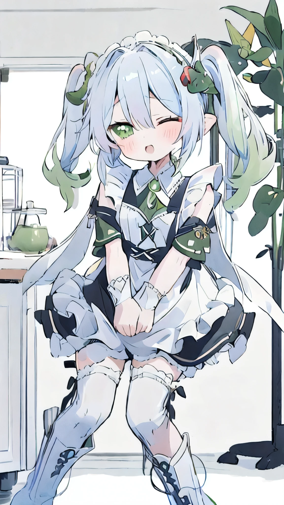   masterpiece ,   best quality ,  1 girl,   unique  , Nasuda_ genshin impact,   crossed eyes ,  maid outfit, Green cape,  Standing，  white over-the-knee stockings  