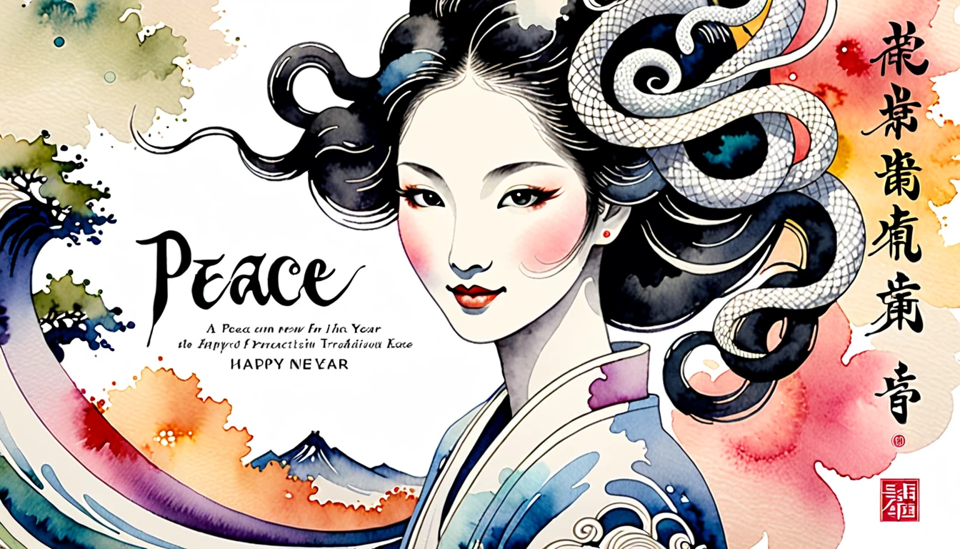 Highlight text, Center text for easy reading, Text is centered in large, easy-to-understand characters, text "peace" and "happy new year", Create an image of a white snake woman painted in traditional ink style softly merging with a background lightly colored with watercolors, The white snake woman should have an enigmatic yet graceful expression with soft piercing eyes, She should emerge from a wispy ink cloud with delicate ink trails fading into the background, The large bold calligraphy text "peace" and "happy new year" should be centered prominently, Incorporate pastel watercolor touches in the background to create a mystical yet harmonious blend of monochrome ink and colorful watercolors, The white snake woman should appear to be smiling subtly blending into the watercolor backdrop creating an ethereal and serene visual, Surrealism, Ukiyo-e, Abstractionism, depth of field