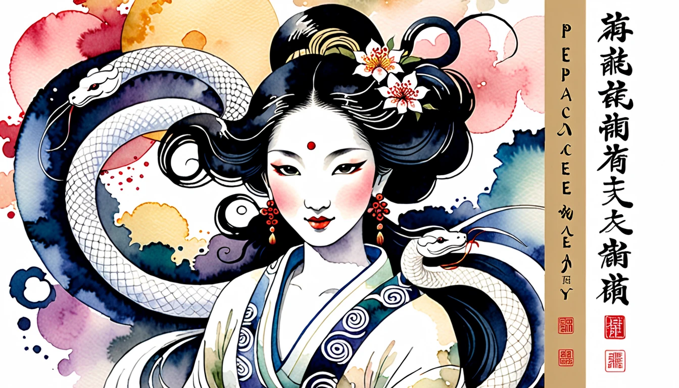 Highlight text, Center text for easy reading, Text is centered in large, easy-to-understand characters, text "peace" and "happy new year", Create an image of a white snake woman painted in traditional ink style softly merging with a background lightly colored with watercolors, The white snake woman should have an enigmatic yet graceful expression with soft piercing eyes, She should emerge from a wispy ink cloud with delicate ink trails fading into the background, The large bold calligraphy text "peace" and "happy new year" should be centered prominently, Incorporate pastel watercolor touches in the background to create a mystical yet harmonious blend of monochrome ink and colorful watercolors, The white snake woman should appear to be smiling subtly blending into the watercolor backdrop creating an ethereal and serene visual, Surrealism, Ukiyo-e, Abstractionism, depth of field