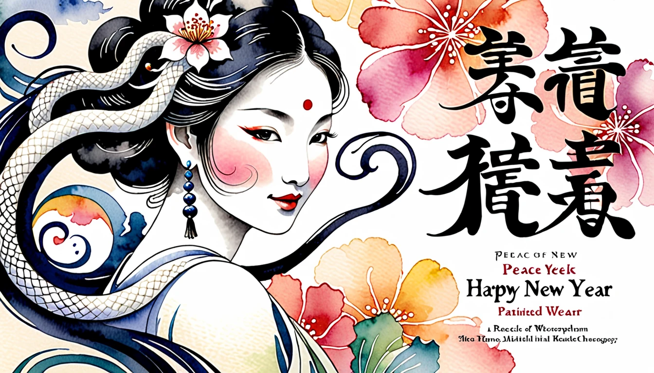 Highlight text, Center text for easy reading, Text is centered in large, easy-to-understand characters, text "peace" and "happy new year", Create an image of a white snake woman painted in traditional ink style softly merging with a background lightly colored with watercolors, The white snake woman should have an enigmatic yet graceful expression with soft piercing eyes, She should emerge from a wispy ink cloud with delicate ink trails fading into the background, The large bold calligraphy text "peace" and "happy new year" should be centered prominently, Incorporate pastel watercolor touches in the background to create a mystical yet harmonious blend of monochrome ink and colorful watercolors, The white snake woman should appear to be smiling subtly blending into the watercolor backdrop creating an ethereal and serene visual, Surrealism, Ukiyo-e, Abstractionism, depth of field