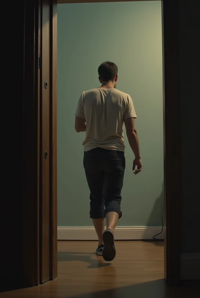 show inside home, under house,a boy trying to go out , show back side only, congcrate house, walking, wearing t-shirt