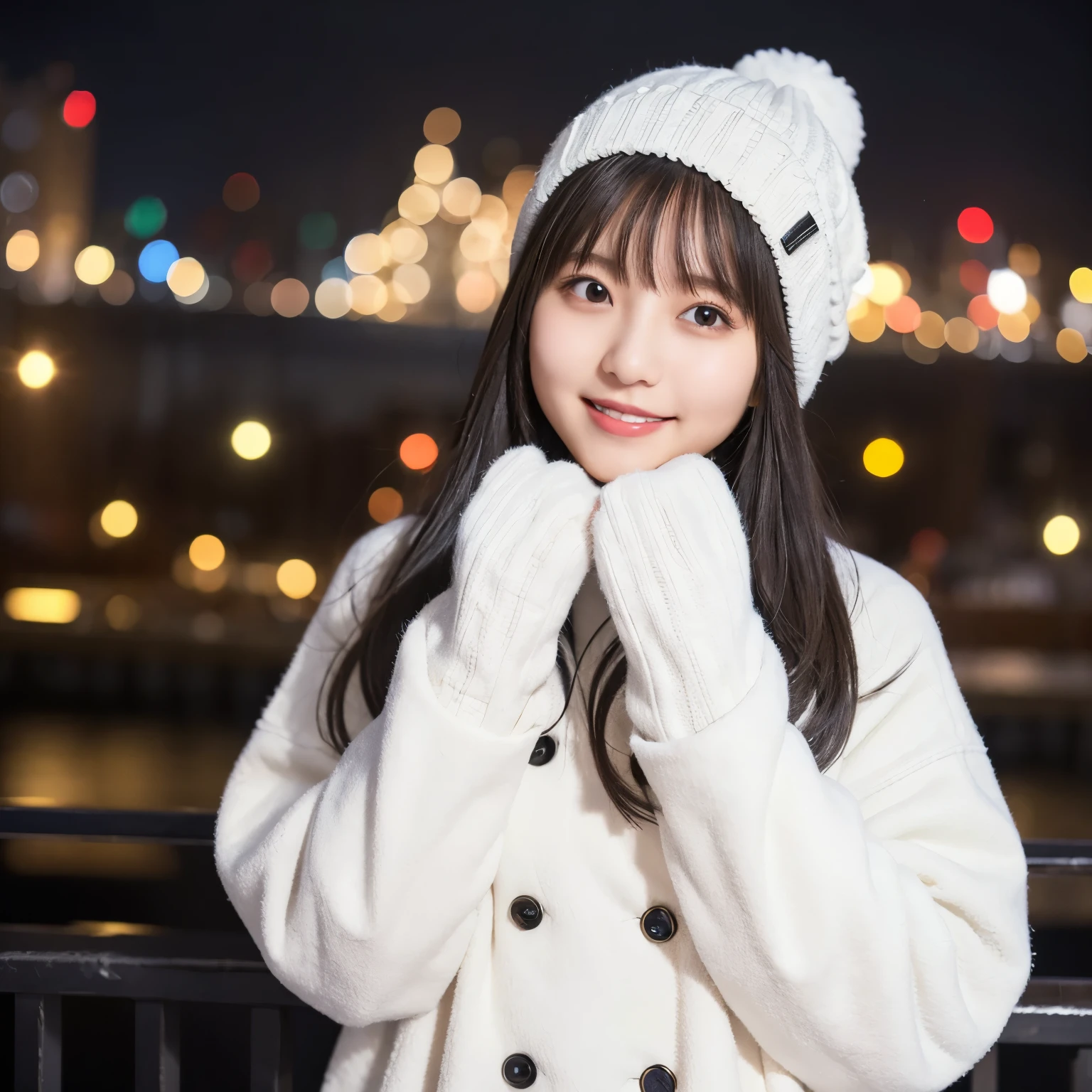 White knit hat, White coat,oversized muffler,  light gray mittens ,  selfie pose,  Portrait, Night Town,  illuminated background, Smile,  wintery cleanliness and warmth ,  girl, busty,  black hair,  straight hair,  with bangs, 's greatest masterpiece,  professional lighting