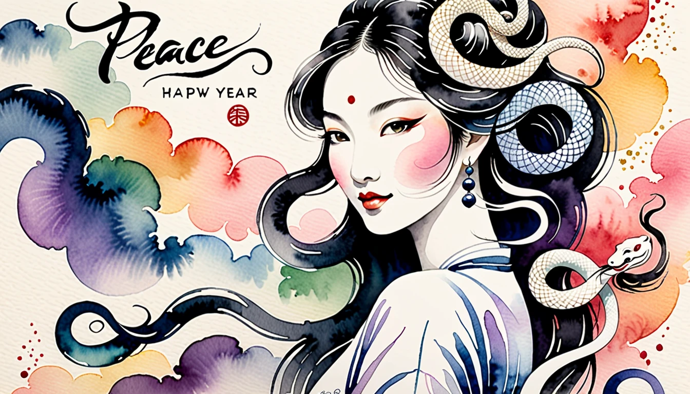 Highlight text, Center text for easy reading, Text is centered in large, easy-to-understand characters, text "peace" and "happy new year" and "2025", Create an image of a white snake woman painted in traditional ink style softly merging with a background lightly colored with watercolors, The white snake woman should have an enigmatic yet graceful expression with soft piercing eyes, She should emerge from a wispy ink cloud with delicate ink trails fading into the background, The large bold calligraphy text "peace" and "happy new year" should be centered prominently, Incorporate pastel watercolor touches in the background to create a mystical yet harmonious blend of monochrome ink and colorful watercolors, The white snake woman should appear to be smiling subtly blending into the watercolor backdrop creating an ethereal and serene visual, Surrealism, Ukiyo-e, Abstractionism, depth of field