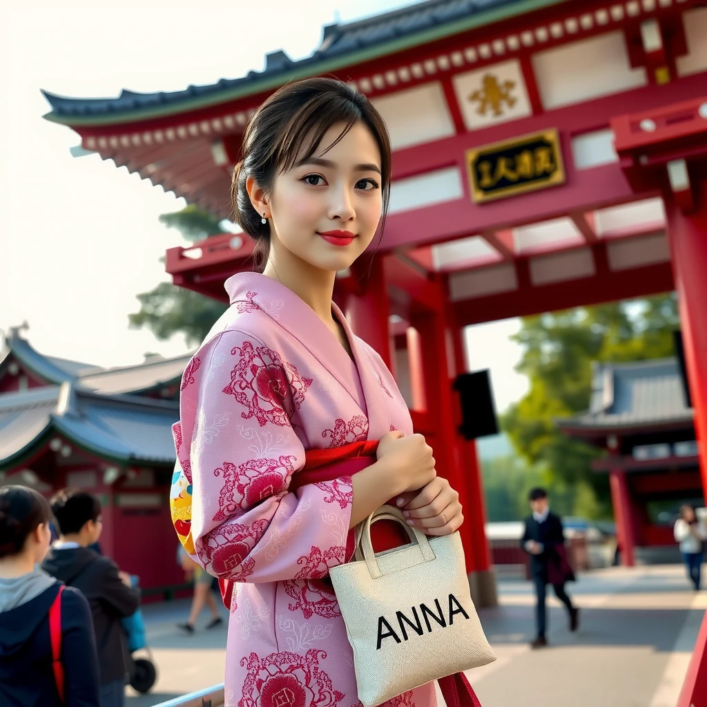 smile, ((pink Japanese kimono)), ((japan temple)), ((Red Torii Gate)), ((first visit of the year to a japan shrine)), (Holding a bag with “ANNA” written on it with both hands), earring, high resolution, in 8K, prominent areola, RAW  photos in anime colors graphs, top quality, masterpiece, erotic, Knee, Small face, Big Breasted, top quality, high resolution, RAW photos in anime colors, beautiful, 1 person, very cute, Japanese women, is standing, (realistic1.4), photon mapping, realistic, cute, adult female, written border depth, photos in anime colors, body, Nose Soft, no makeup, Sparkling Eyes, detailed mascara, detailed eyelash, detailed eyes, Symmetrical eyes, Glossy lips, Tear mole, too bright natural light, bun hair, brighter sun