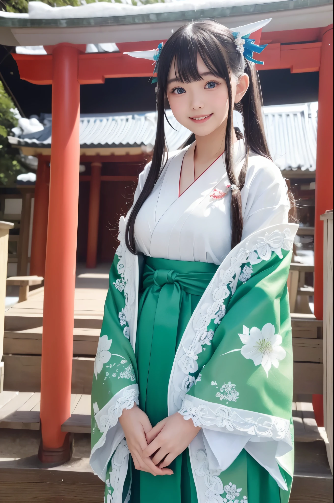 ((masterpiece)), ((highest quality、Ultra high definition)), (Very detailed),8k、Photo quality、((Amazingly cute girl))ld girl)), (Beautiful emerald blue eyes), ((smile)),A snowy night, Beautifully arranged blond hair in twin tails、whole body、(( Colorful Shrine Maiden Outfit ))、(( Japanese Kimono Shrine Maiden Costume ))、Professional Lighting、(White lace knee-highore detailed and beautiful)、(More details and cutenesore realistic)、(Random Shot)、((Japanese shrine grounds))、((Shrine's First Visit ))、((( Pretty Shrine Maiden Costume)))、