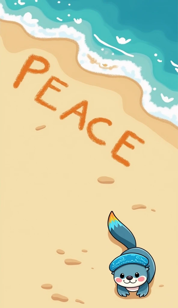 A cartoon style illustration of a sea otter (blue fur, adorable, mischievous smile, deep blue beret hat with blue and white wavy patterns, tail with a colorful tip) writing the word "PEACE" across the beach using its tail. top down view.