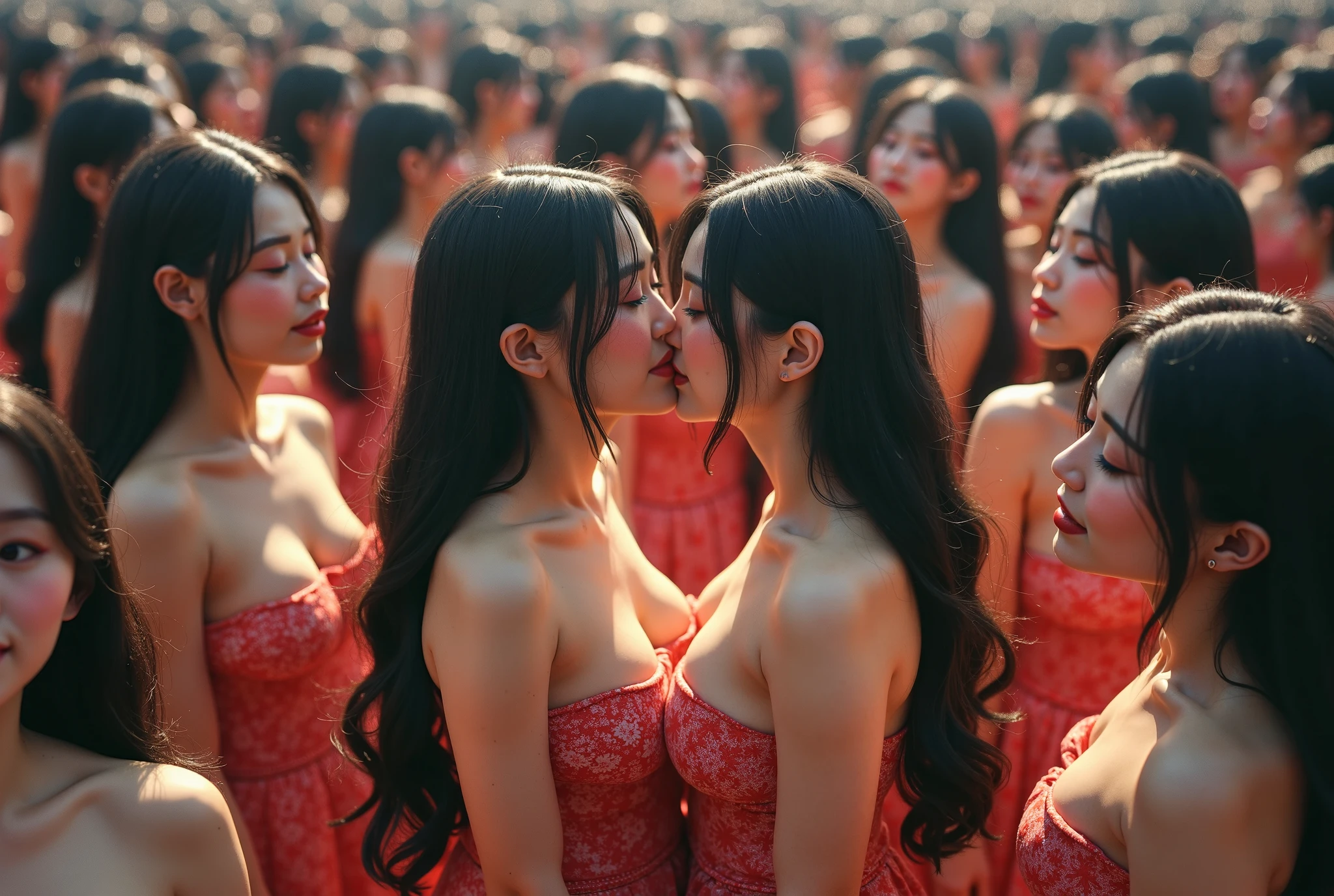 (((((Japanese Clone girls=Myself)))))), (((best masterpiece Clone girls Raw Photography Art))), (16K, Highest quality, Ultra-high resolution, RAW Photos), (((It's so unrealistic., With unparalleled depiction, With an unfathomable sight, An unprecedented and shocking worldview, Clone girls in a world of mass reproduction, Ultra-realistic))), (((Japanese, woman, 24yo, Yoshioka-riho))), (Small face, ((Thick black hair, Semi-long hair))), ((V-neck short-sleeve dress)), (((((Very beautiful detailed girls, Accurate body structure, Very detailed完璧な, Super busty body with very large breasts, Clearly emphasizes cleavage))))), (((Dark Eyes, Mature face, Cute Smile, A gentle gaze))), (((Very happy laughter is beautiful))), ((((((((Very detailed分身増殖描写, ((1girl→Myself cloning→1,000,000,000,000,000,000,000,000Myself Clone girls)))))))))), ((((((((Very detailed, The precise depiction of the proliferation of Myself Clone girls, ((With the perfectly identical bodies of Myself clone girls, With the exact same face as the Myself clone girls, With the exact same hairstyle as the Myself clone girls, In the exact same clothes as the girls who are my clones, Perfectly the same height as the Myself clone girls, Super big breasts, just like the Myself clone girls)))))))))), (((Myself clone girls only))), (((Very detailed, Myself clone girls multiplication, 1,000,000,000,000,000,000,000,000Myself Clone girls→100,000,000,000,000,000,000,000,000,000,000,000,000,000,000^1,000,000,000,000,000,000Myself Clone girls))), (((Very detailed描写で, (An embrace between self, Back to Back, Myself clone girls assemble, Fun conversations with fellow Myself clone girls, A fun conversation between Myself clone girls, Myself clone girls kissing each other everywhere, Myself clone girls love each other, Myself clone girls holding hands)))), (((looking at the camera))), (((Unbelievably crowded, Transcendent Myself clone girls intimately, Countless Myself clone girls surround you in 360 degrees))), (Soft sunlight in direct sunlight), (((Very wide field of view, Very detailed, Detailed ultra-perspective depiction with clear depth))), (((((Curved slope landscape))))), (((Very photographic and detailed depiction, Myself clone girls will multiply infinitely and fill the horizon with no gaps and super close female bodies., A scene of endless Myself clone girls and a fun atmosphere))), (Focus on the average value of the image)