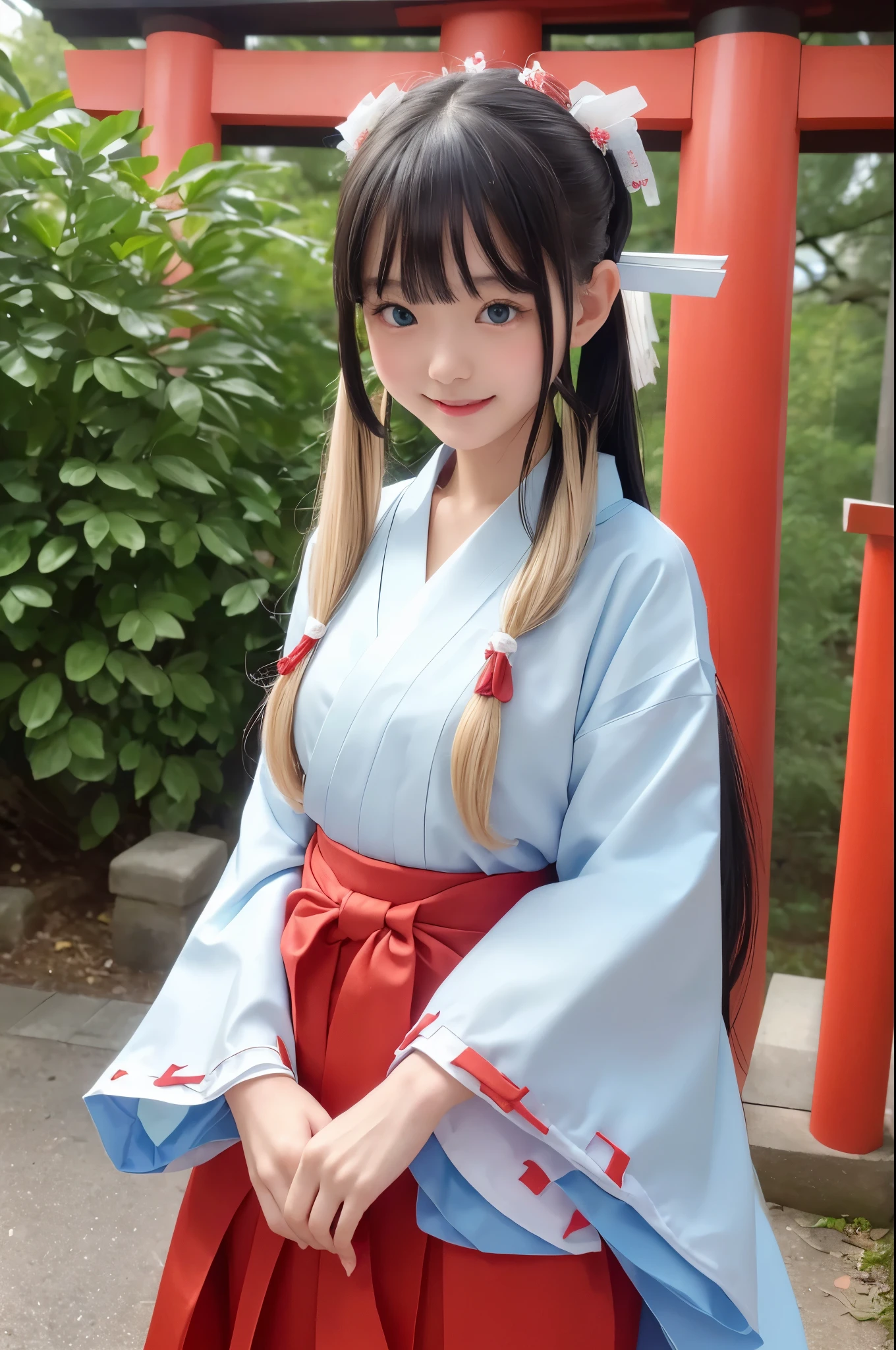 ((masterpiece)), ((highest quality、Ultra high definition)), (Very detailed),8k、Photo quality、((Amazingly cute girl))ld girl)), (Beautiful emerald blue eyes), ((smile)),A snowy night, Beautifully arranged blond hair in twin tails、whole body、(( Colorful Shrine Maiden Outfit ))、(( Japanese Kimono Shrine Maiden Costume ))、Professional Lighting、(White lace knee-highore detailed and beautiful)、(More details and cutenesore realistic)、(Random Shot)、((Japanese shrine grounds))、((Shrine's First Visit ))、(( Pretty Shrine Maiden Costume))、