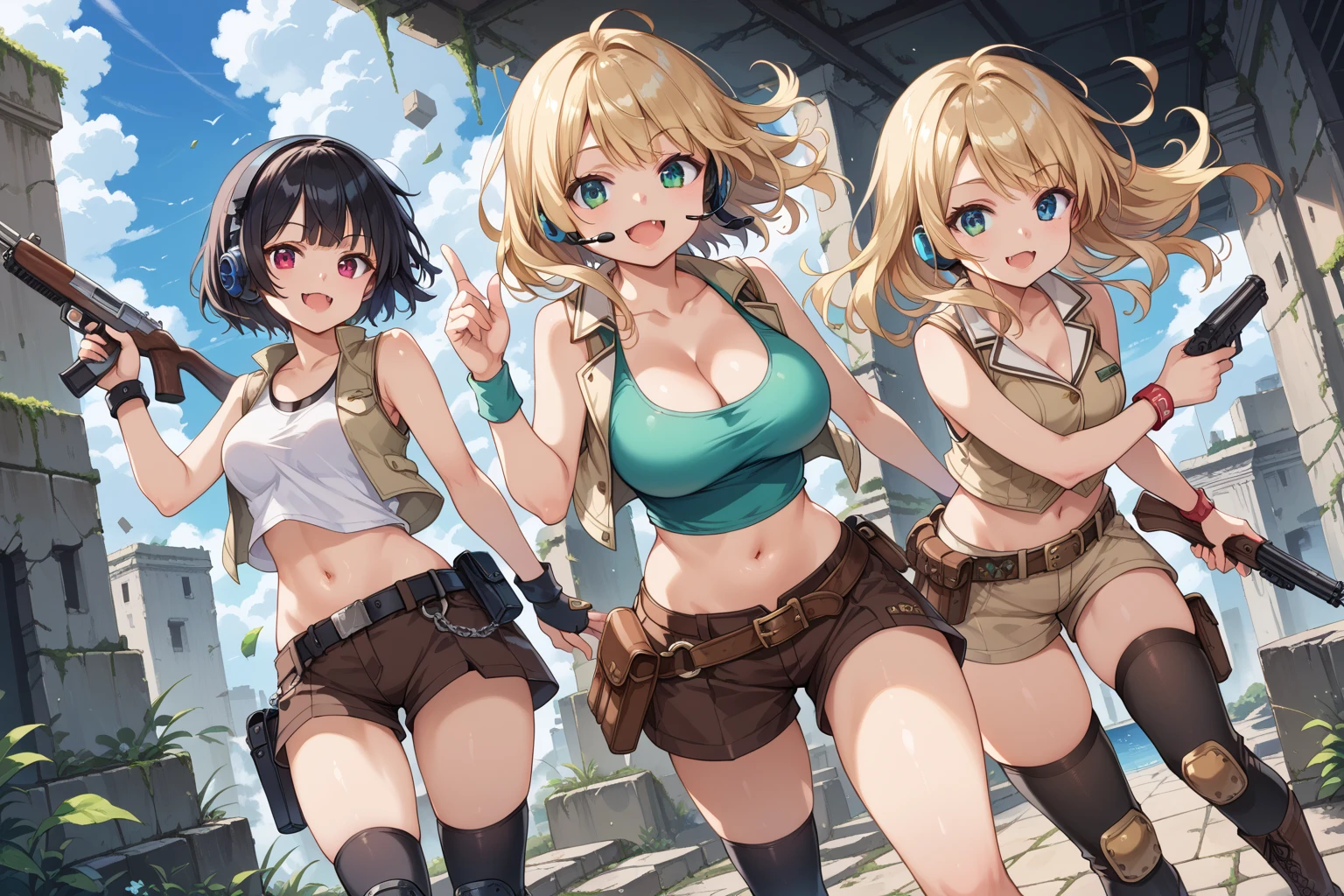 ,,3girls, 1boy, paizuri, pov, , , penis between the breasts, breasts squeezed together, most revealing outfit, , ,guns and waifu, motion lines bouncing breasts, side boob, assisted, cool  , sweaty, wet penis, naked, pubic hair, necklace, accessories, armed girls, mercenary  girls, machine gun, bullet belt, forest cave, assault rifle, navel, midriff, , blonde hair, silver hair, post apocalyptic 