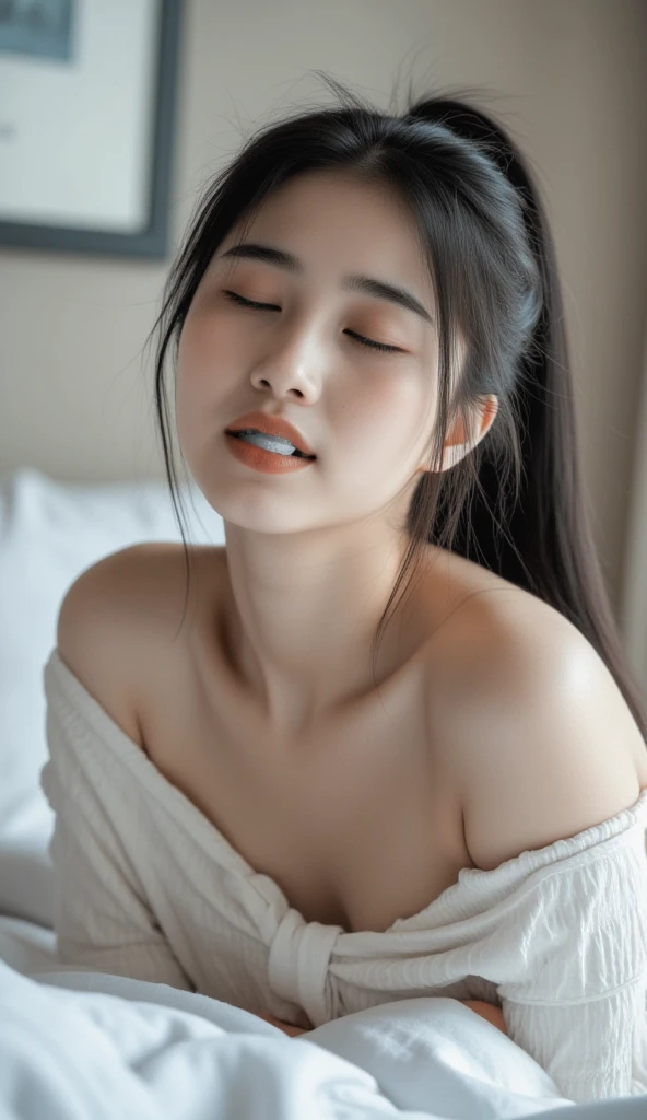 Full photo of a beautiful Asian girl with long straight black hair with a ponytail, she is not wearing clothes, handles straight, she lies on a comfortable white bed, she closes her eyes, showing her face as if she is in great pain and torment, she opens her mouth wide and looks up a little, adds to her charm, seeing her whole body full of tears. The penis is clear, with thin hairs and a cloudy white discharge from the mouth.