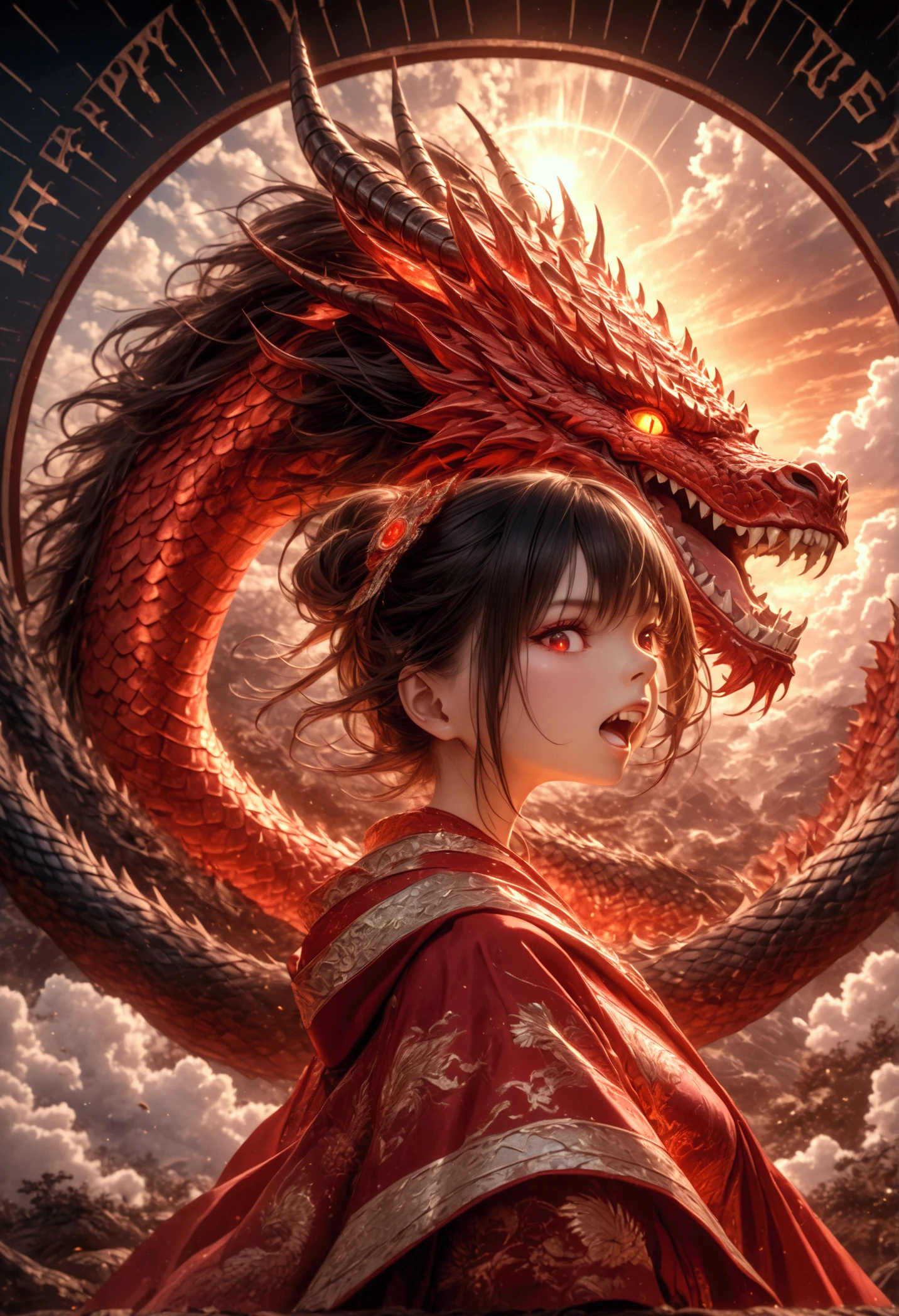 The girl was sitting in the coils of a great dragon、The dragon is breathing fire , chest, tail, wing, Sharp teeth, horn, Brunette,  Chinese Dragon .　Live-action