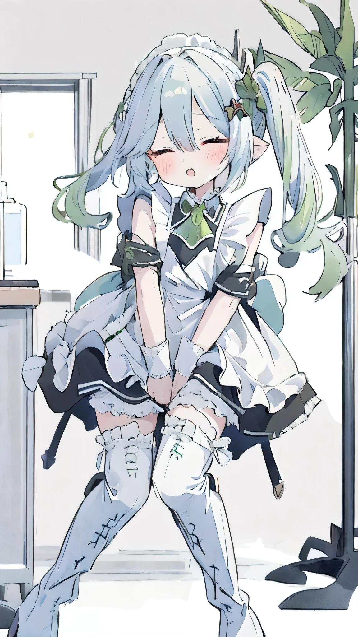   masterpiece ,   best quality ,  1 girl,   unique  , Nasuda_ genshin impact,   crossed eyes ,  maid outfit, Green cape,  Standing，  white over-the-knee stockings  ，leather boots