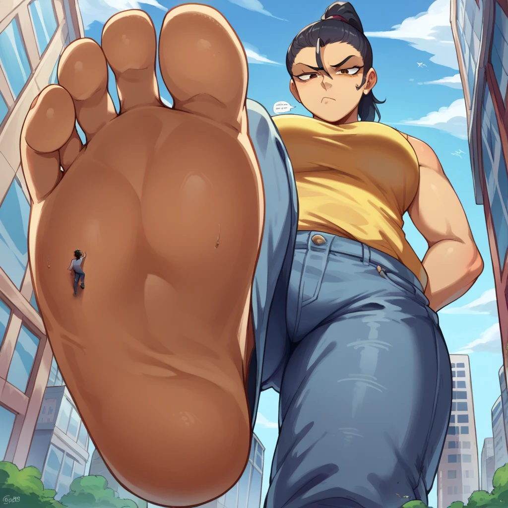 score_9, score_8_up, score_7_up, source_anime, BREAK pov: under giantess,Dark skin tone, black hair,jeans,Yellow lion shirt ,Ponytail hair,from below,Text: GigaTeam,city, stomp,bored face,soles