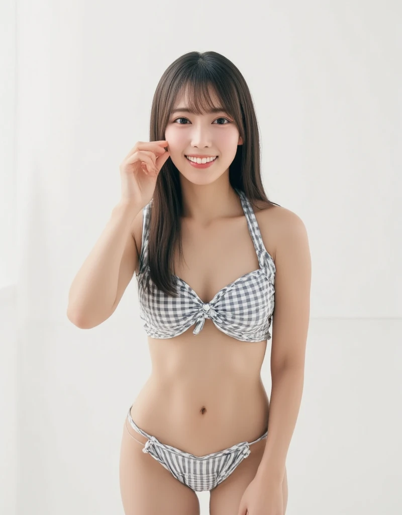 (bikini),(full body),(standing),huge breasts,white background,(masterpiece,best quality:1.4),(8k,raw photo,photo realistic:1.2),(high resolution),(extremely detailed CG),(shiny skin),detailed skin,detailed face,detailed eyes,,delicate details in skin, fine shiny hair, ,thin eyebrows,(ideal ratio body proportions)