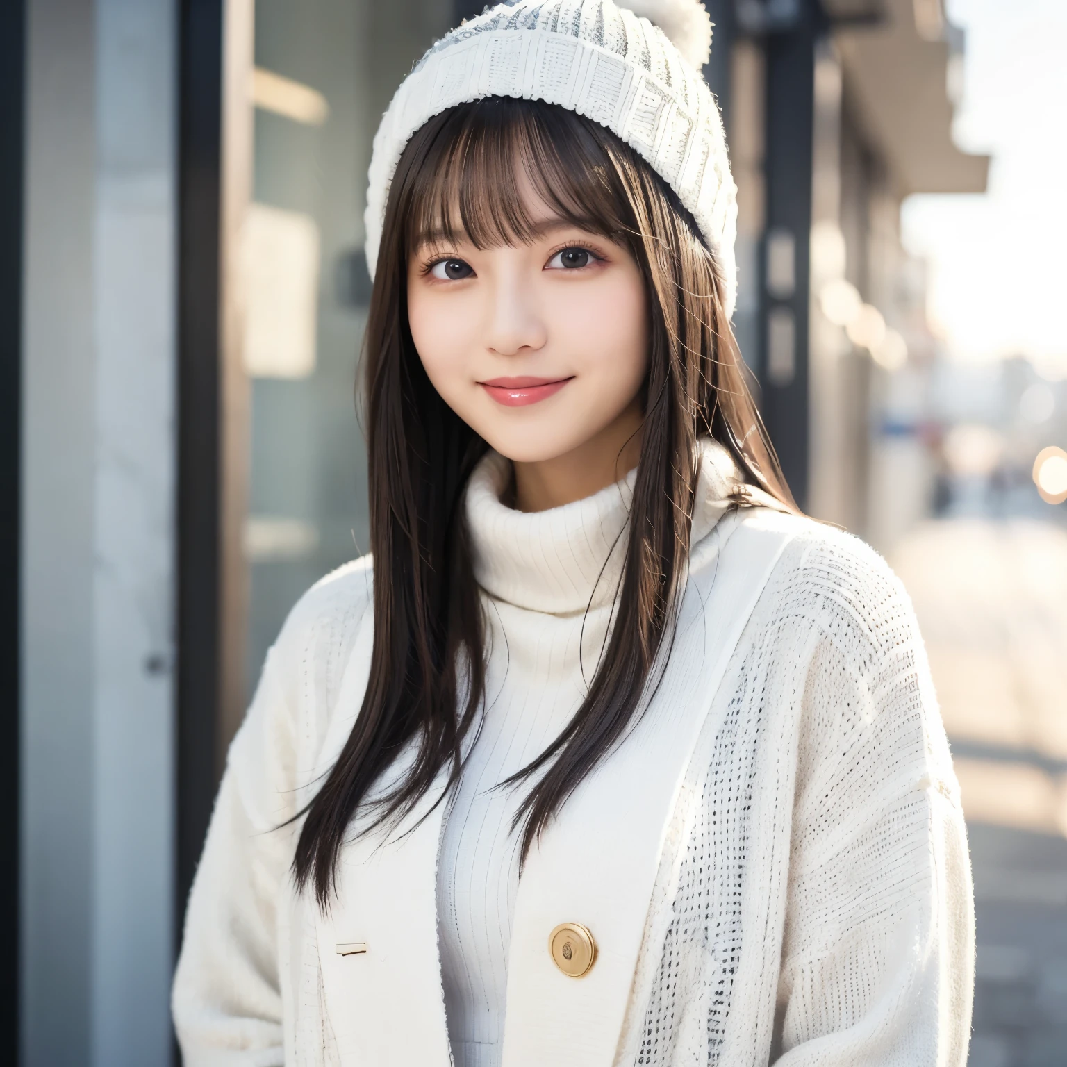 White knit hat, White coat,oversized muffler, Above chest,  Portrait, Night Town,  illuminated background, Smile,  wintery cleanliness and warmth ,  girl, busty,  black hair,  straight hair,  with bangs, 's greatest masterpiece,  professional lighting