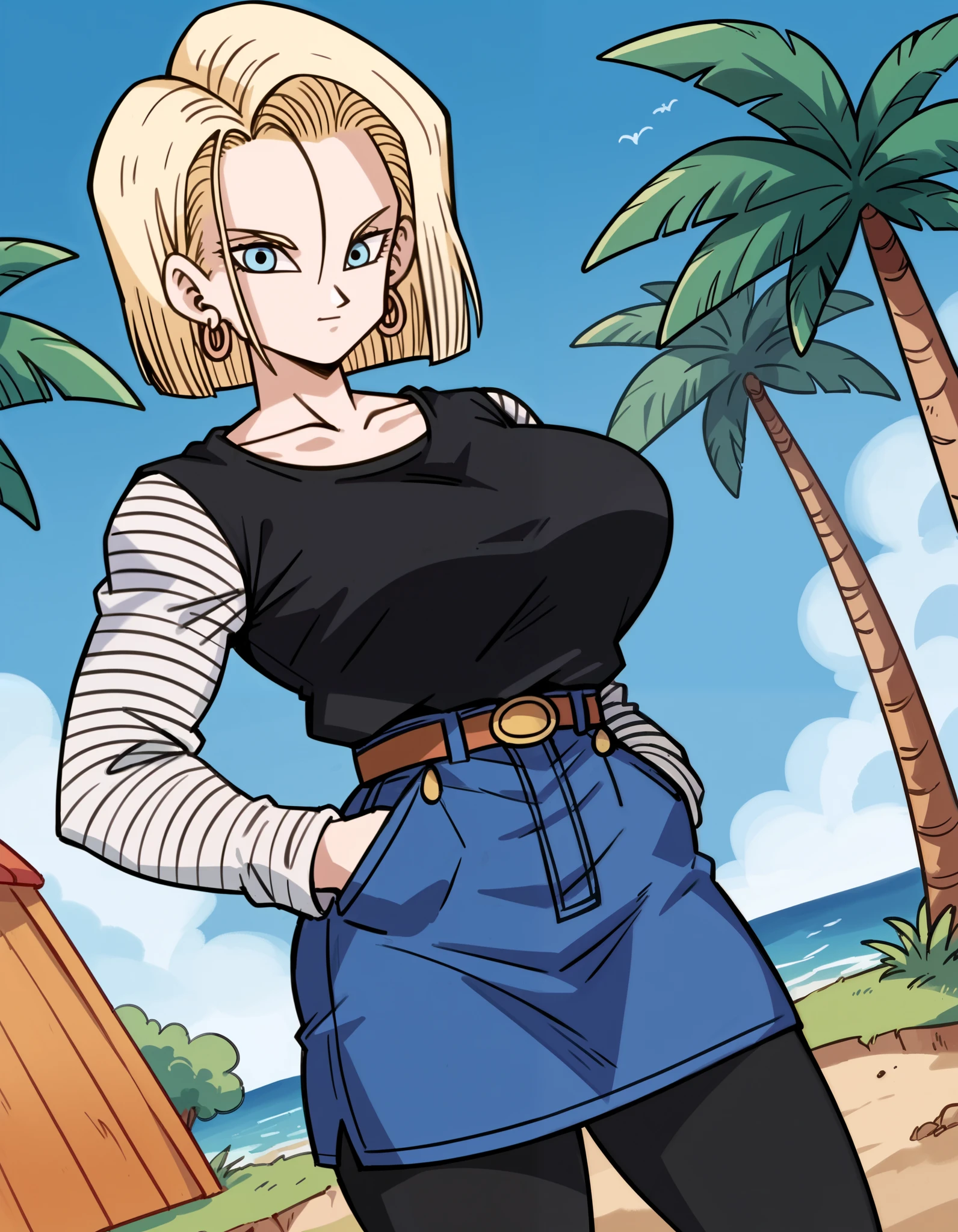 score_9, score_8_up, score_7_up, source_anime, android 18, blonde hair, blue eyes, eyelashes, hoop earrings, short hair, earrings, belt, black legwear, black shirt, breast pocket, collarbone, denim, denim skirt, high-waist skirt, jewelry, long sleeves, black & white stripe shirt, shirt tucked in, skirt, striped, striped sleeves, cowboy shot, dutch angle, ultra huge cleavages, ultra huge breasts, ultra huge boob, ultra huge tits, outdoors, standing, besides Kame house, on small island, on tiny island, palm trees, look at viewer, 