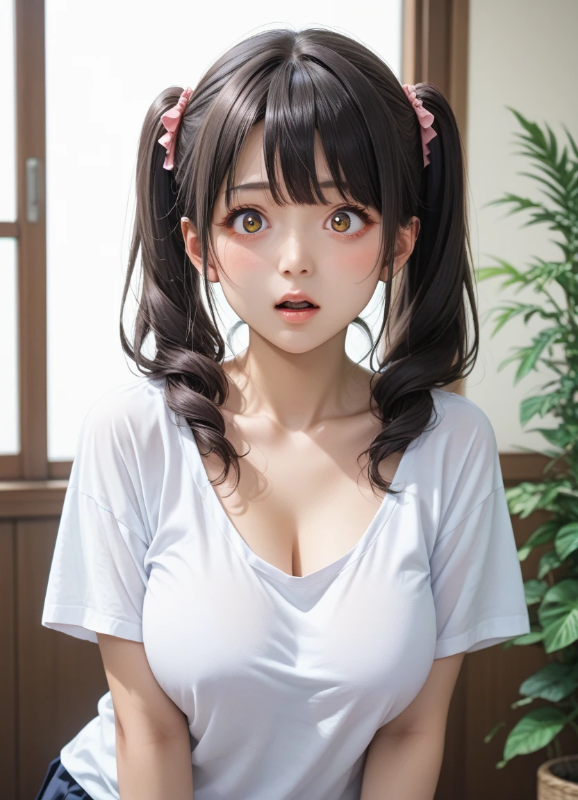 masterpiece,  top quality,  perfect anatomy , 1 Beautiful Japanese Girl , Idol&#39;s face ,  pretty face  ,Alone,  black hair,  twin tails,  big boobs:1.5,  sexy,  Attractive Cleavage,, Big Breasts, Age 9, young, looseＴ shirt,  shirtの胸元を引っ張られて胸の谷間を覗かれている,  Surprised Face , 