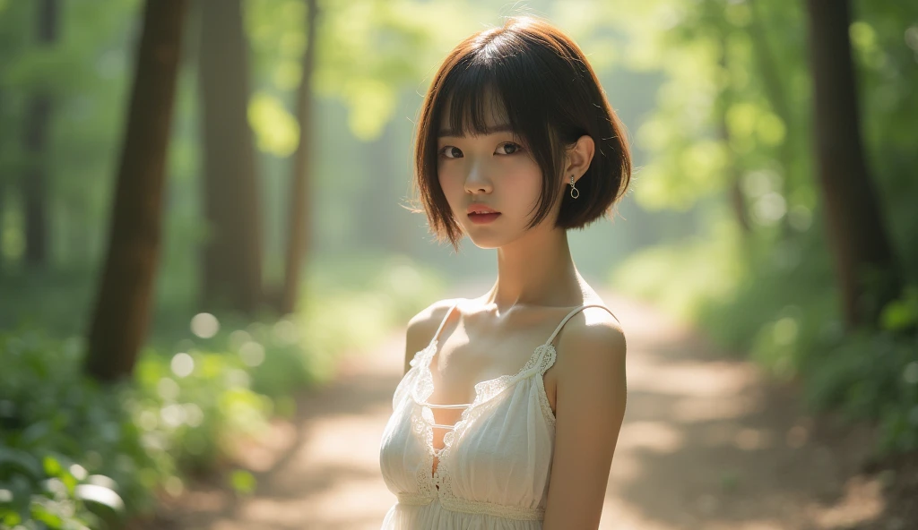 masterpiece、4K、top-quality、beautiful Korean women、detail portrayal、1 girl in、23years old、(Camisole:1.1)、bob cuts、夏天、Shabo Ball、depth of fields、cowboy shot、Film grain, Ilford HP5, 80mm