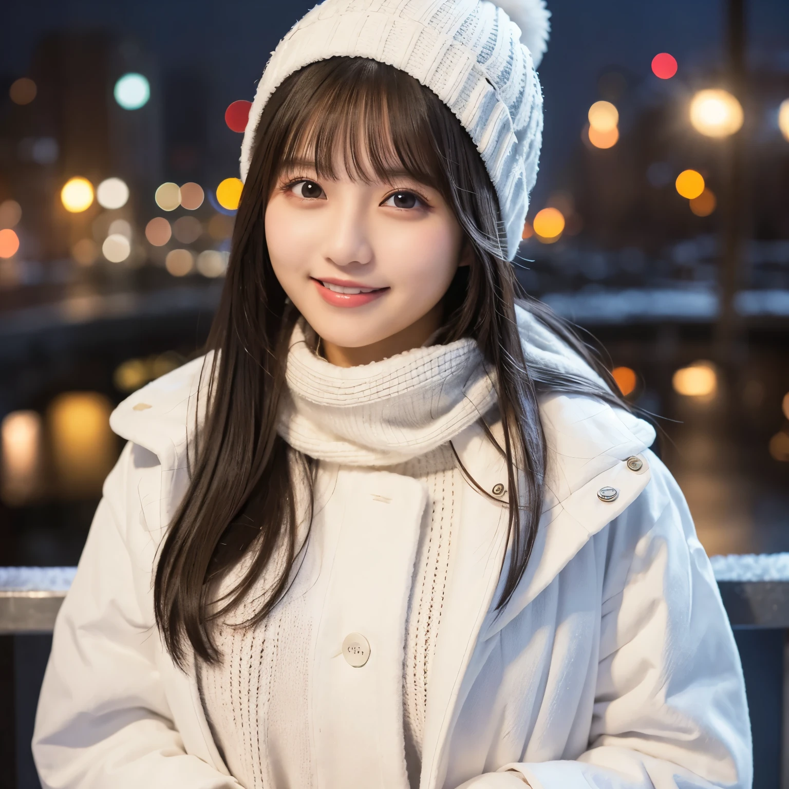 White knit hat, White coat,oversized muffler, Above chest,  Portrait, Night Town,  illuminated background, Smile,  wintery cleanliness and warmth ,  girl, busty,  black hair,  straight hair,  with bangs, 's greatest masterpiece,  professional lighting