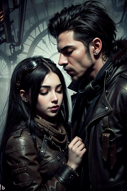 kissing on the lips .   eyes closed .

 A girl with dark short hair . Wears steampunk clothes , a fur headset .

 A boy with long white hair .  Wears a long hunter coat and a bandana around her neck.

  realistic style