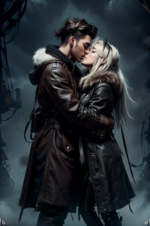 kissing on the lips .   eyes closed .

 A girl with dark short hair . Wears steampunk clothes , a fur headset .

 A boy with long white hair .  Wears a long hunter coat and a bandana around her neck.

  realistic style