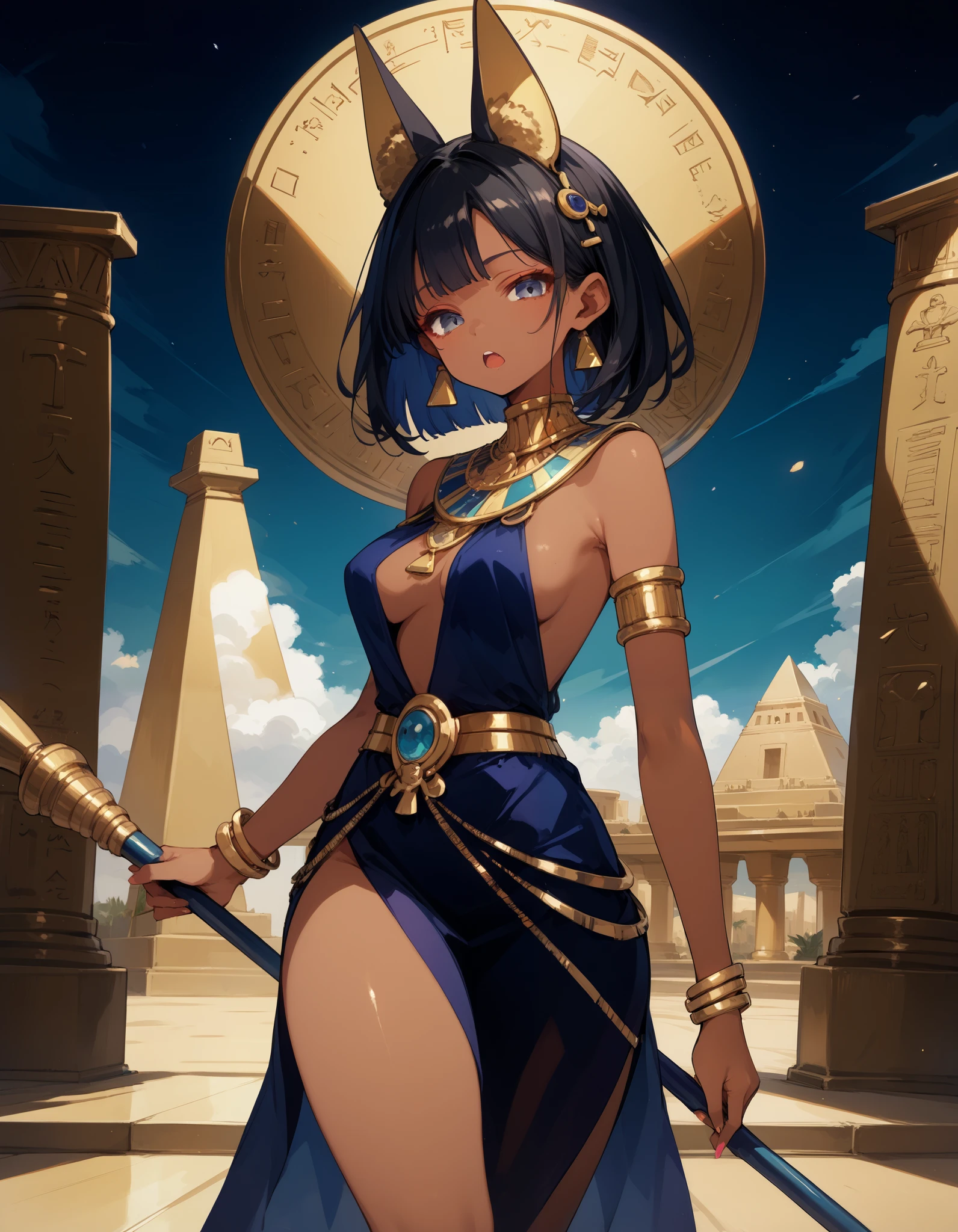 ancient Egypt, 12 years old, 1girl, night, glow eyes, brown eyes, see-through ancient egyptian dress, flat chest, short brown hair, best quality, show off breasts, show off nipples, bare nipples, topless, puffy nipples, pussy juice, {{{vulgarity}}}, bastet, doggystyle 