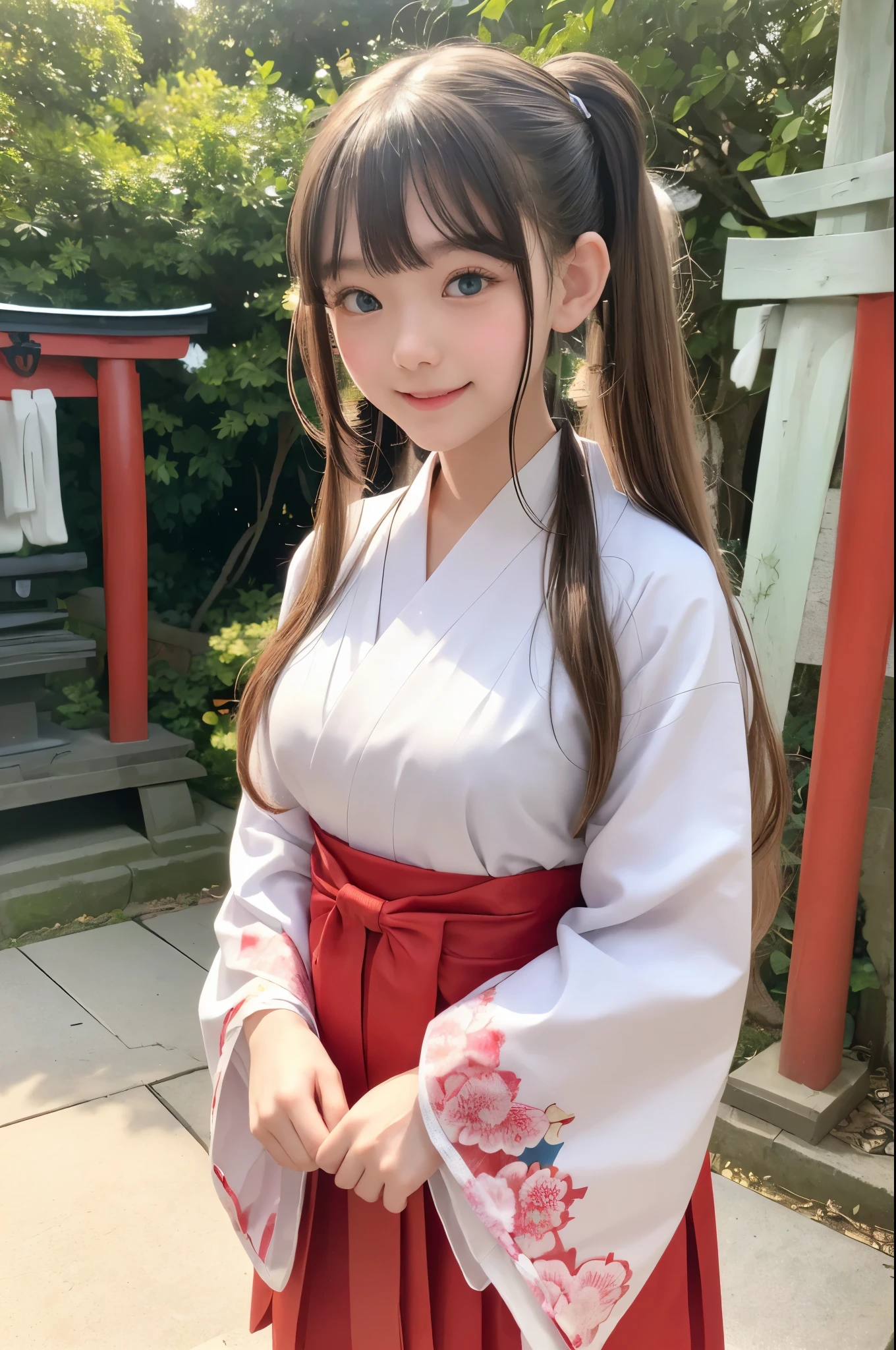 ((masterpiece)), ((highest quality、Ultra high definition)), (Very detailed),8k、Photo quality、((Amazingly cute girl))、 (Beautiful emerald blue eyes), ((smile)),A snowy night, Beautifully arranged blond hair in twin tails、whole body、(( Colorful Shrine Maiden Outfit ))、(( Japanese Kimono Shrine Maiden Costume ))、Professional Lighting、(White lace knee-highore detailed and beautiful)、(More details and cutenesore realistic)、(Random Shot)、((Japanese shrine grounds))、((Shrine's First Visit ))、(( Pretty Shrine Maiden Costume))、