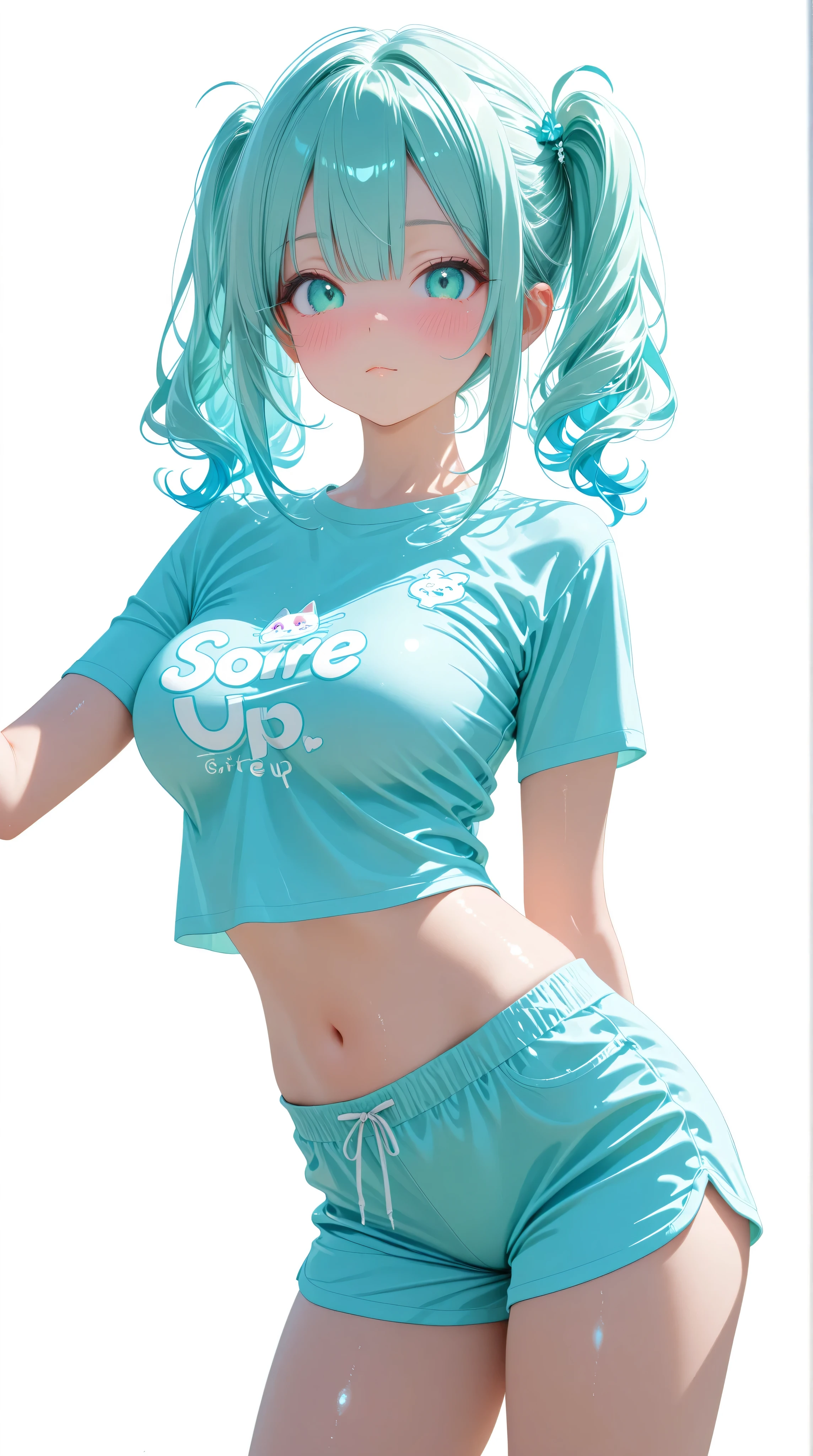 cute girl . Very kawaii , round face . alone , Slim , medium breasts , short and small . shiny skin . Pure white tube top T-shirt . shorts . dynamic poses . dynamic angle . No background , White background , looking at the viewer, Kizi,Highly detailed, Amazing work,Vitreous luster,((clean backdrop)),In pink,(((blue colors))),green color,red colour,Best quality at best,clean backdrop。heavy blushing,